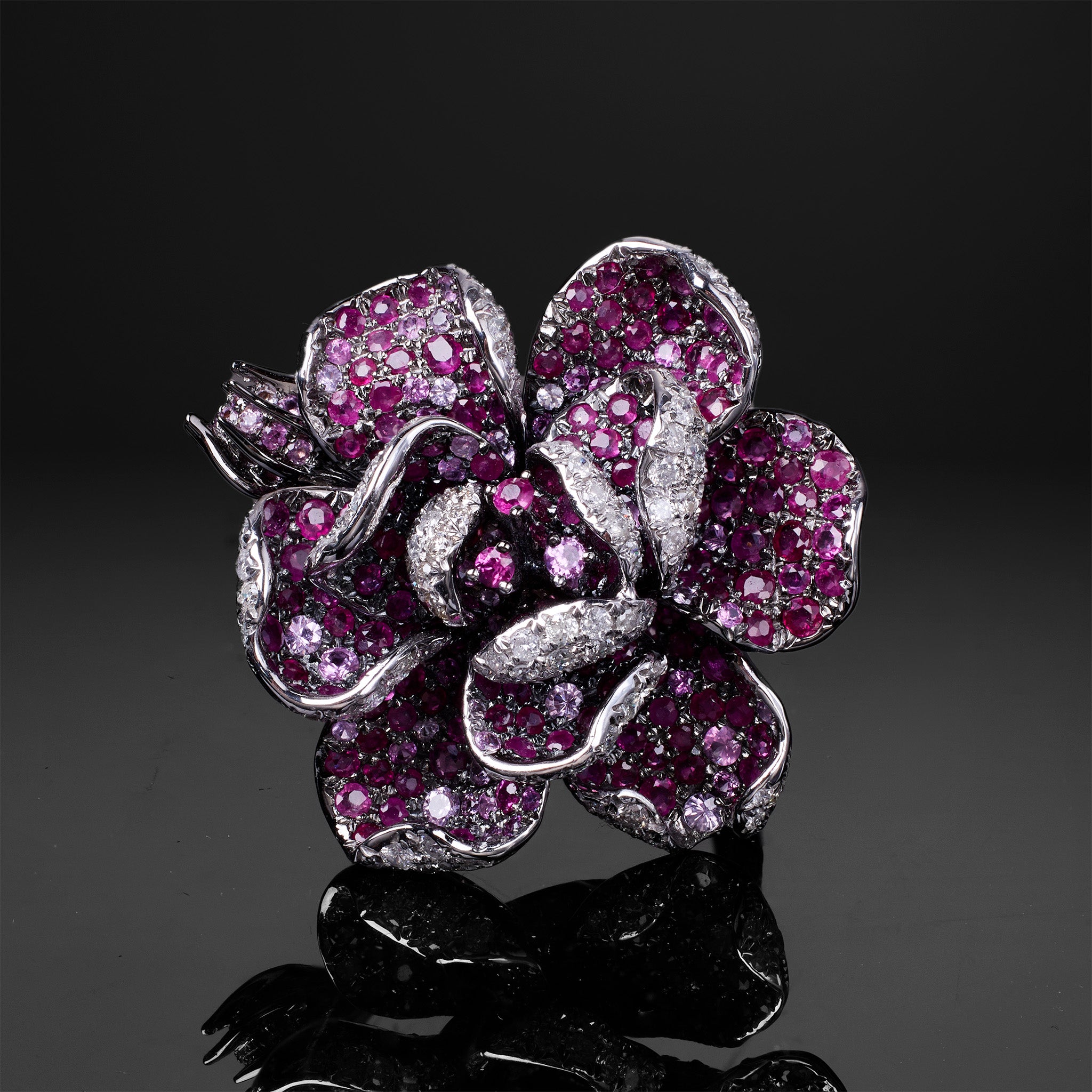 18K Gold Flower Ring with Diamonds, Rubies, and Pink Sapphires