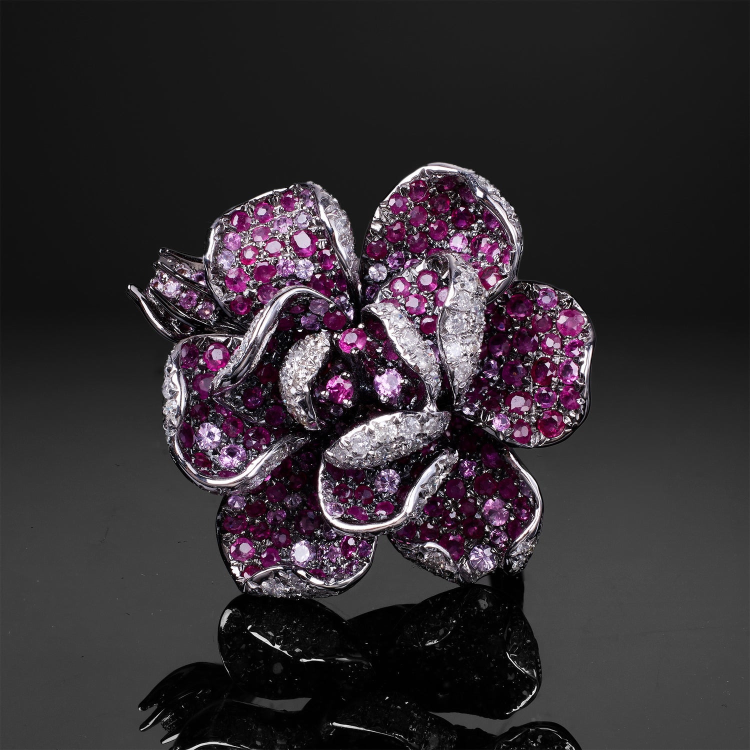 18K Gold Flower Ring with Diamonds, Rubies, and Pink Sapphires - Jewelry And Store