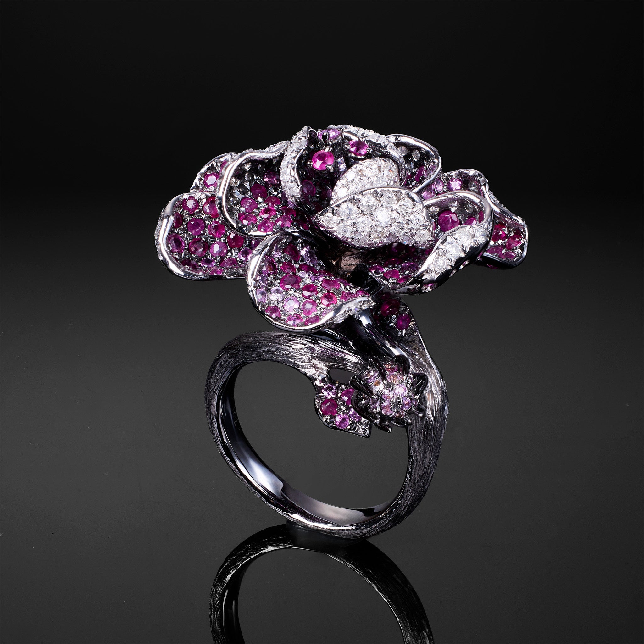 18K Gold Flower Ring with Diamonds, Rubies, and Pink Sapphires