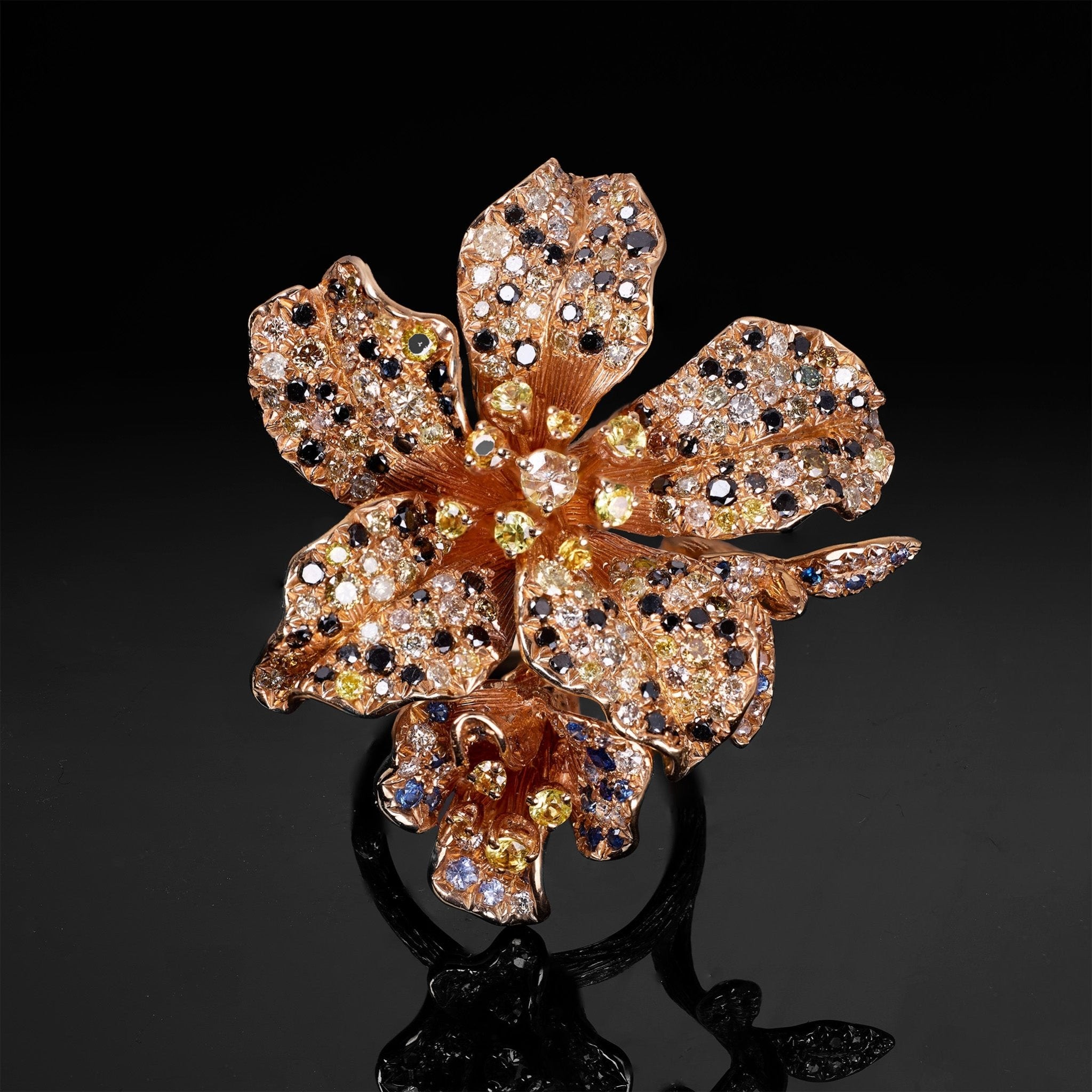 18K Rose Gold Flower Ring with Sapphires and Color Diamonds