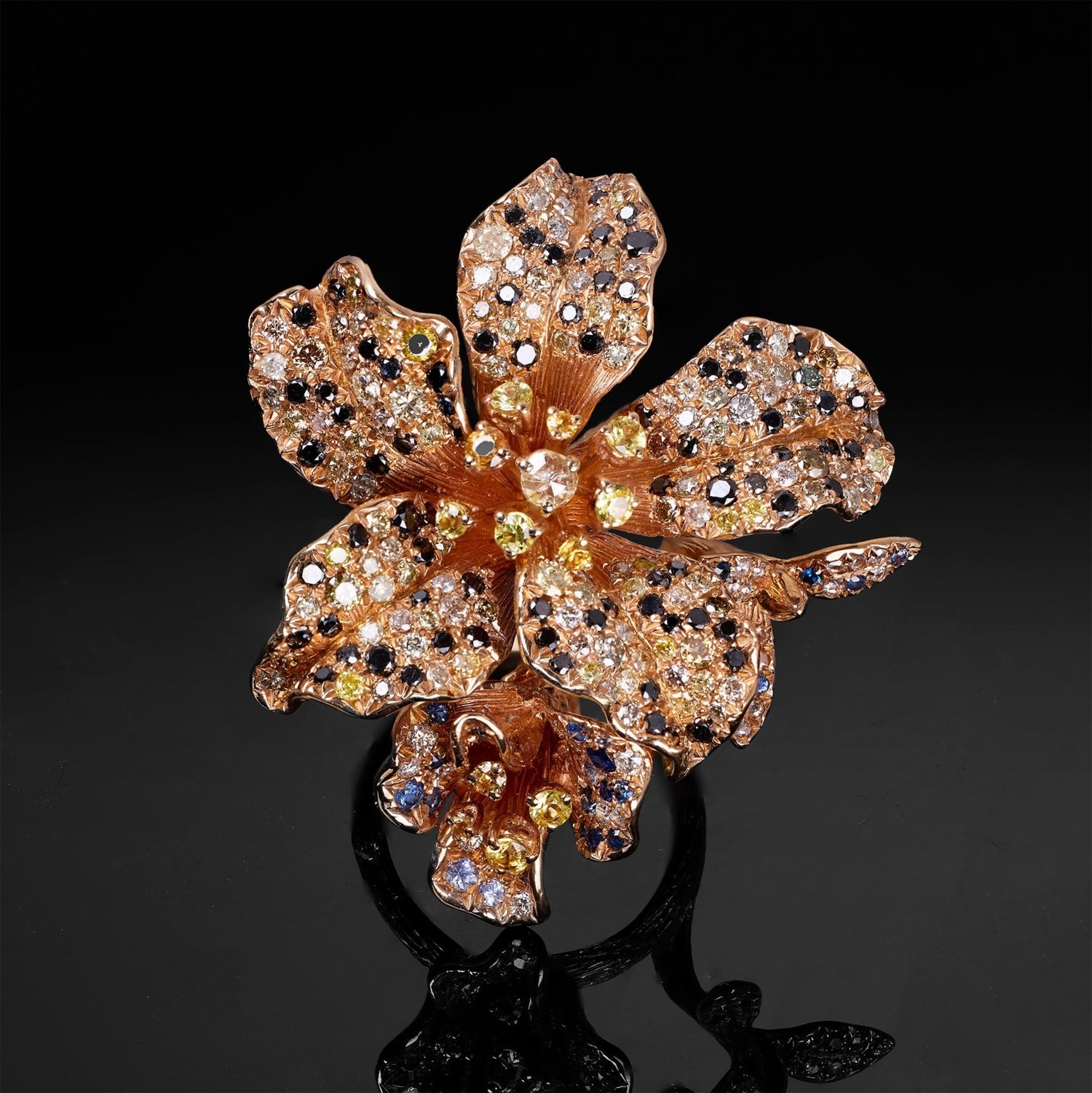 18K Rose Gold Flower Ring with Sapphires and Color Diamonds - Jewelry And Store