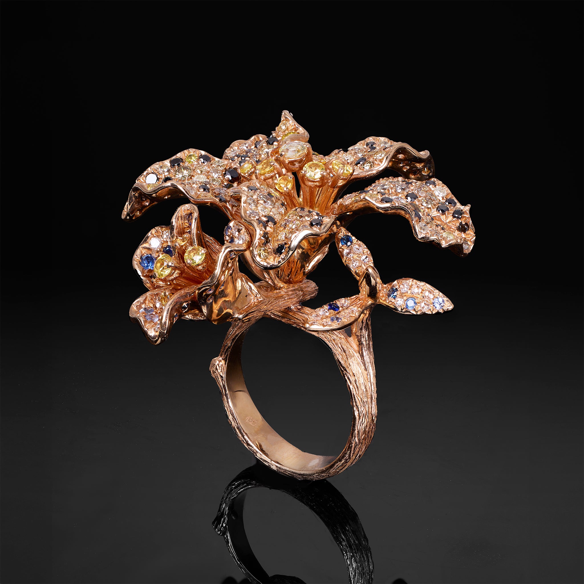 18K Rose Gold Flower Ring with Sapphires and Color Diamonds