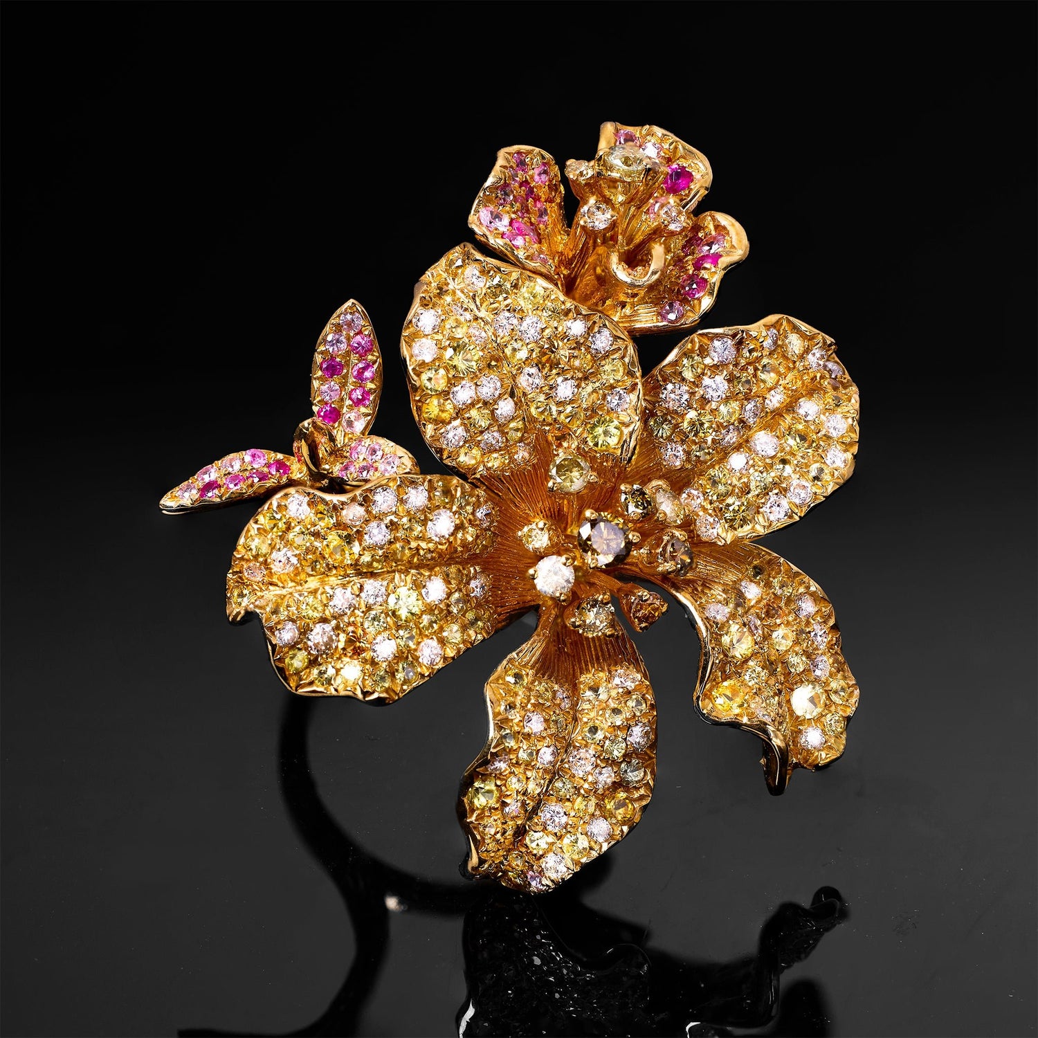 18K Yellow Gold Flower Ring with Natural Sapphires and Color Diamonds - Jewelry And Store