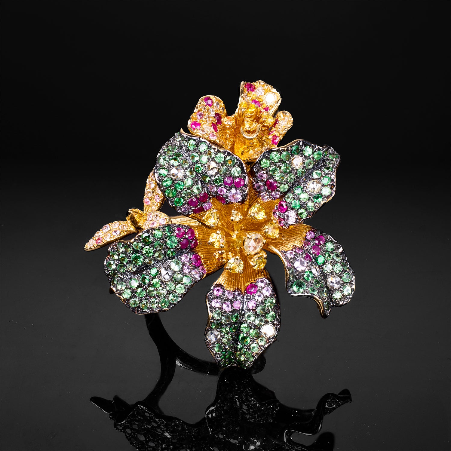 18K Yellow Gold Flower Ring with Multi - Color Gemstones - Jewelry And Store