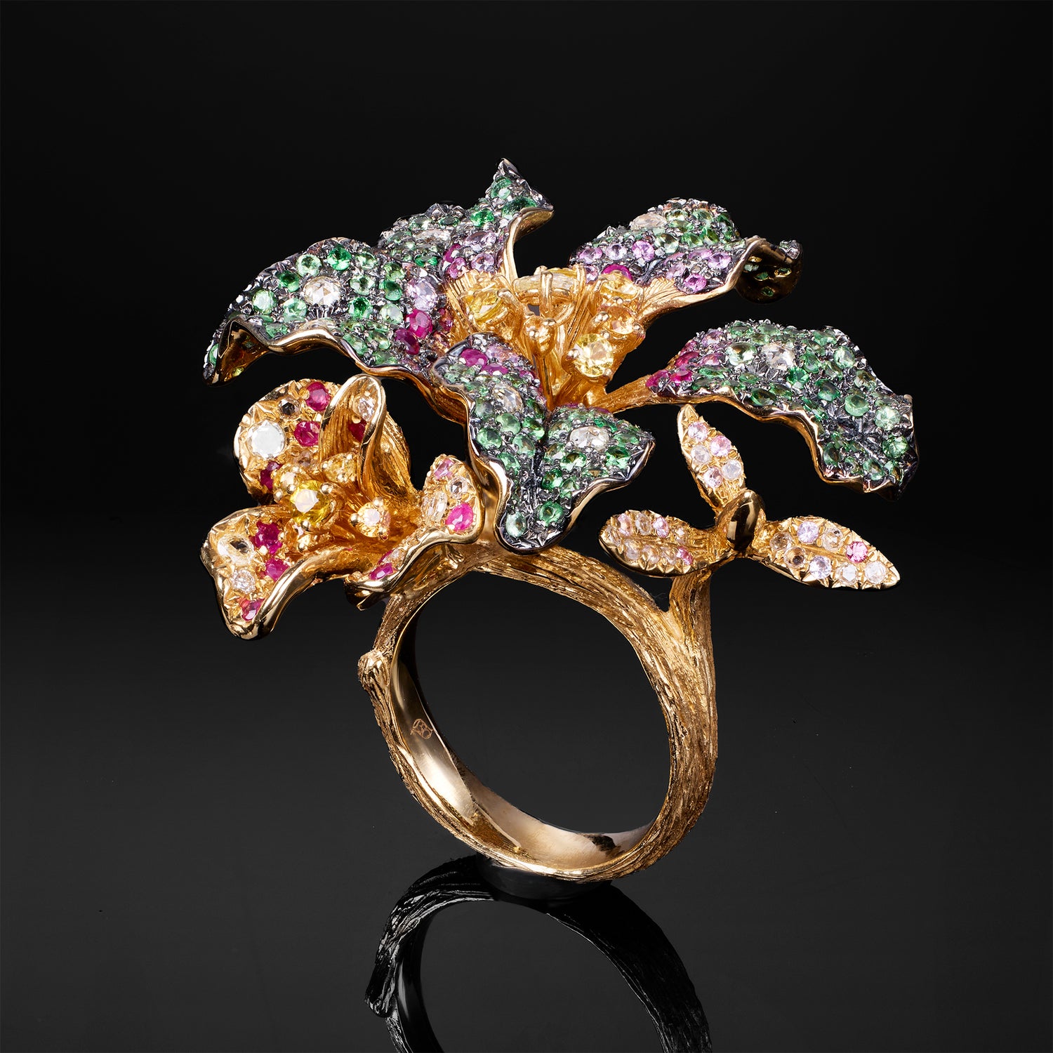 18K Yellow Gold Flower Ring with Multi - Color Gemstones - Jewelry And Store