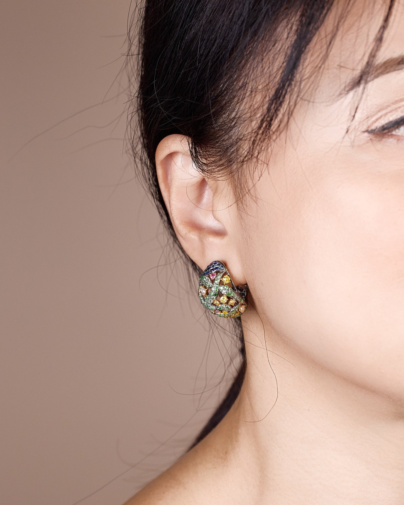 18K Gold Sapphire & Diamond Hoop Earrings