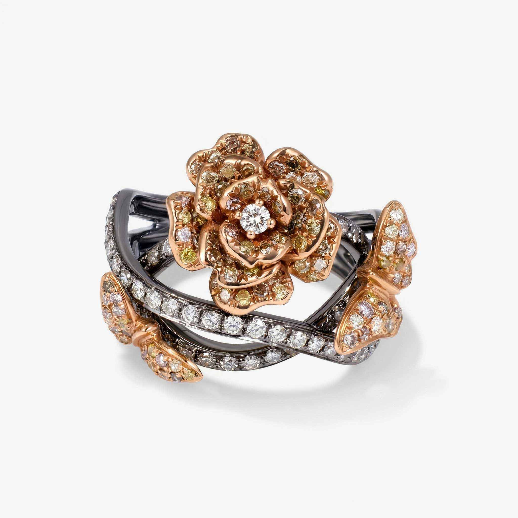 Fancy Colored Diamond Floral Butterfly Ring in 18K Rose Gold and Black Rhodium - JewelryAndStore