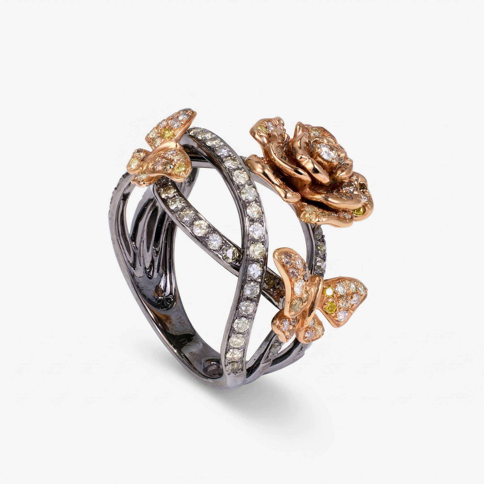Fancy Colored Diamond Floral Butterfly Ring in 18K Rose Gold and Black Rhodium - JewelryAndStore