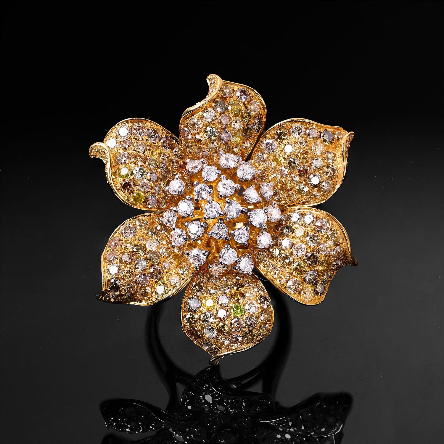 18K Yellow Gold Flower Ring with Color Diamonds - Jewelry And Store