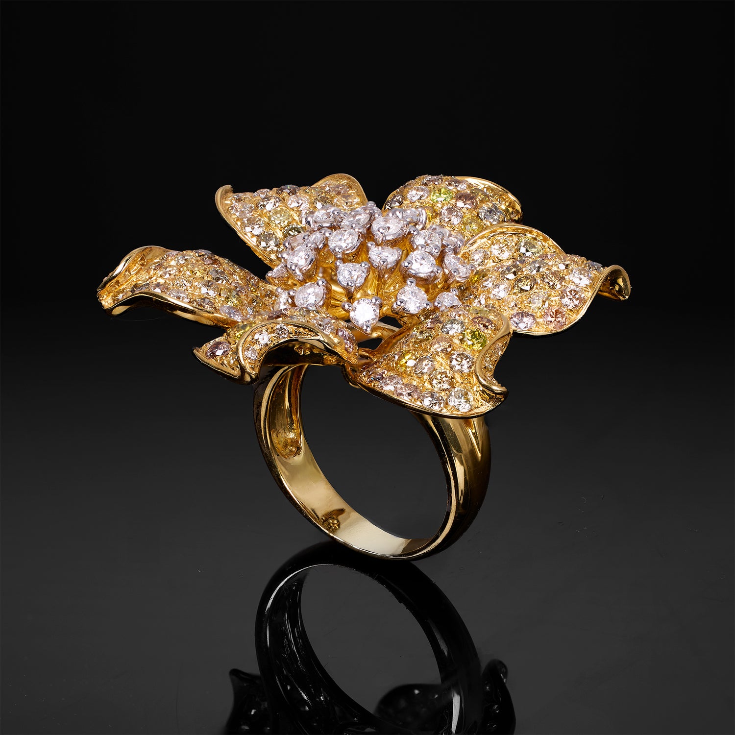 18K Yellow Gold Flower Ring with Color Diamonds - Jewelry And Store