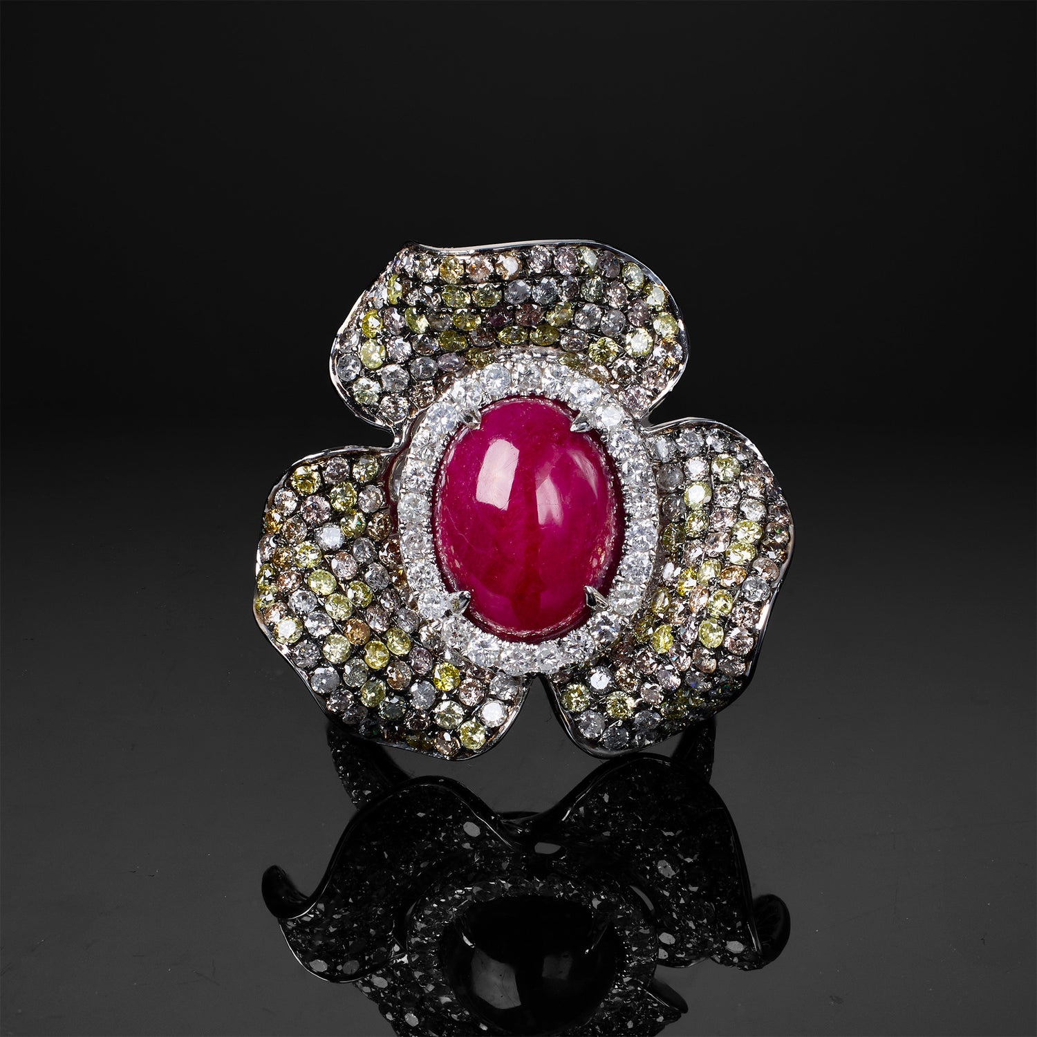 18K White Gold Flower Ring with Oval Ruby and Color Diamonds - Jewelry And Store