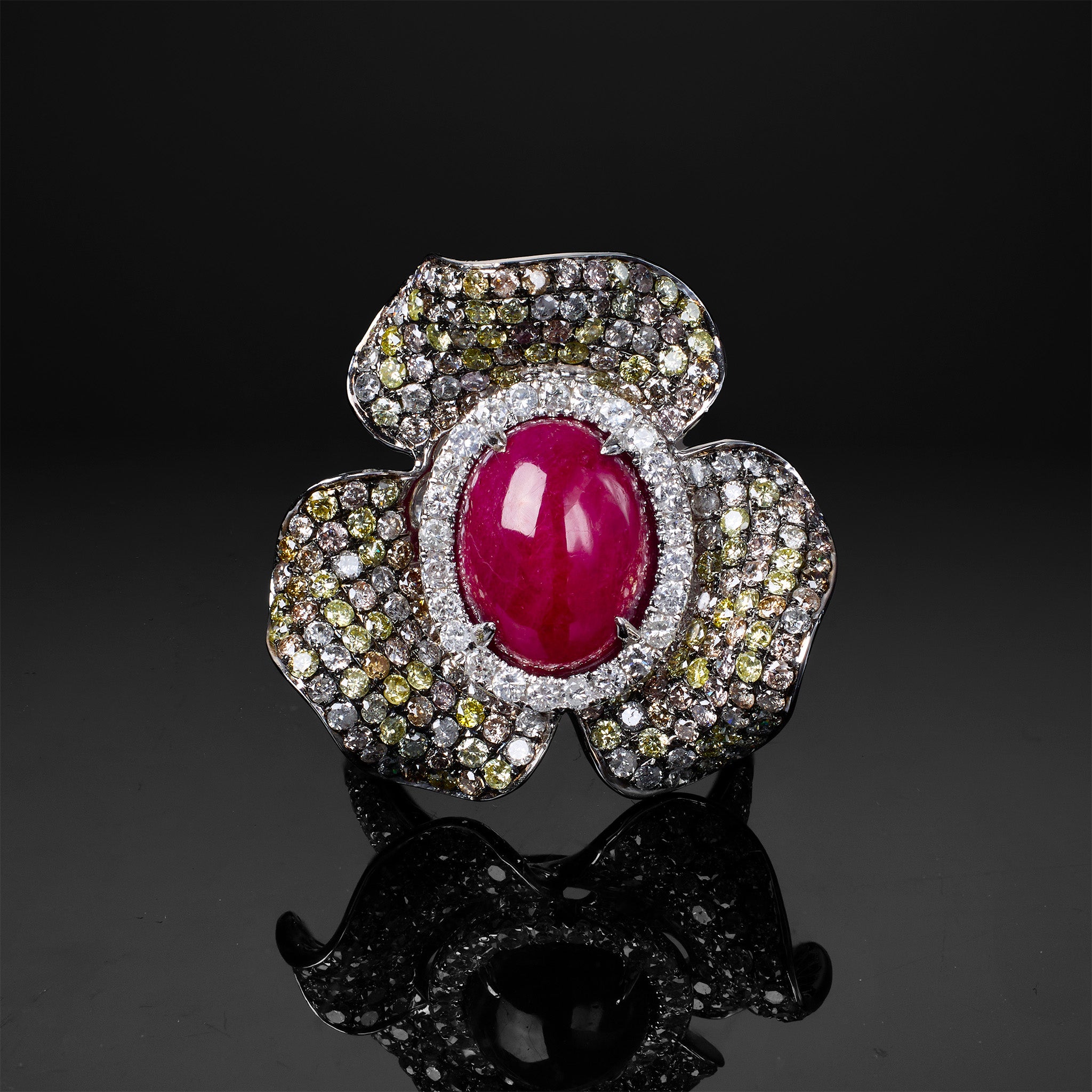 18K White Gold Flower Ring with Oval Ruby and Color Diamonds - Jewelry And Store