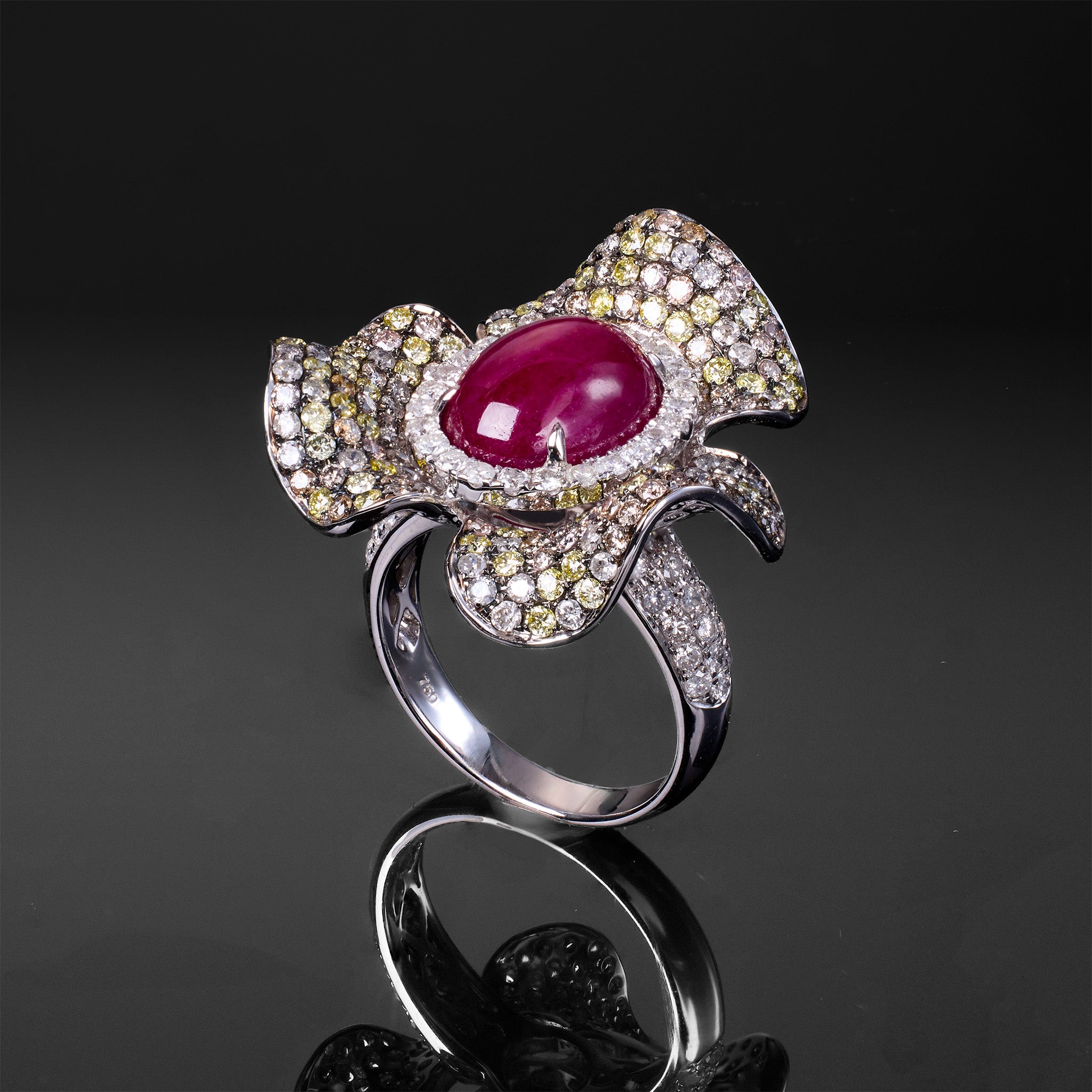 18K White Gold Flower Ring with Oval Ruby and Color Diamonds - Jewelry And Store