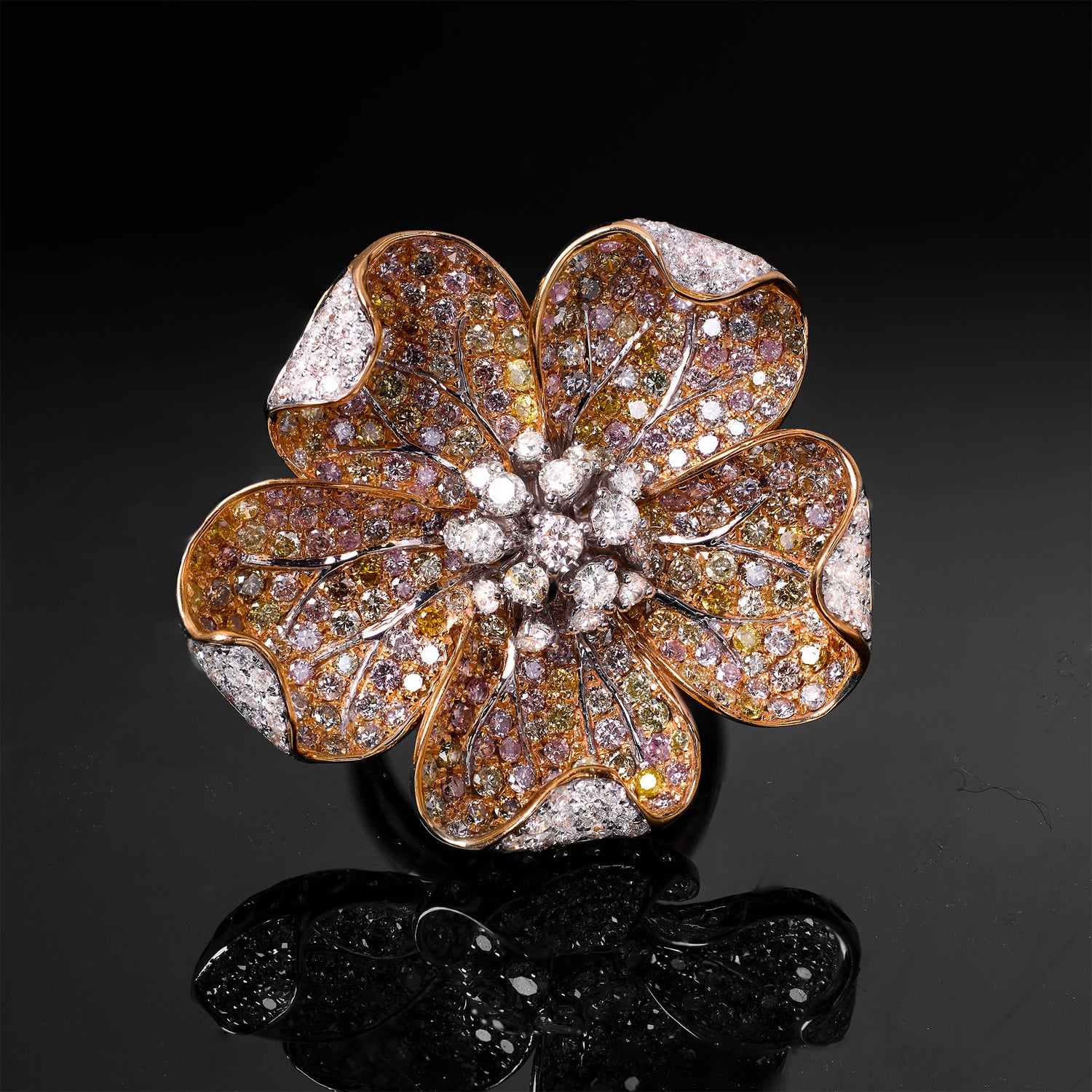 18K Yellow Gold Flower Motif Ring with Natural Color Diamonds - Jewelry And Store
