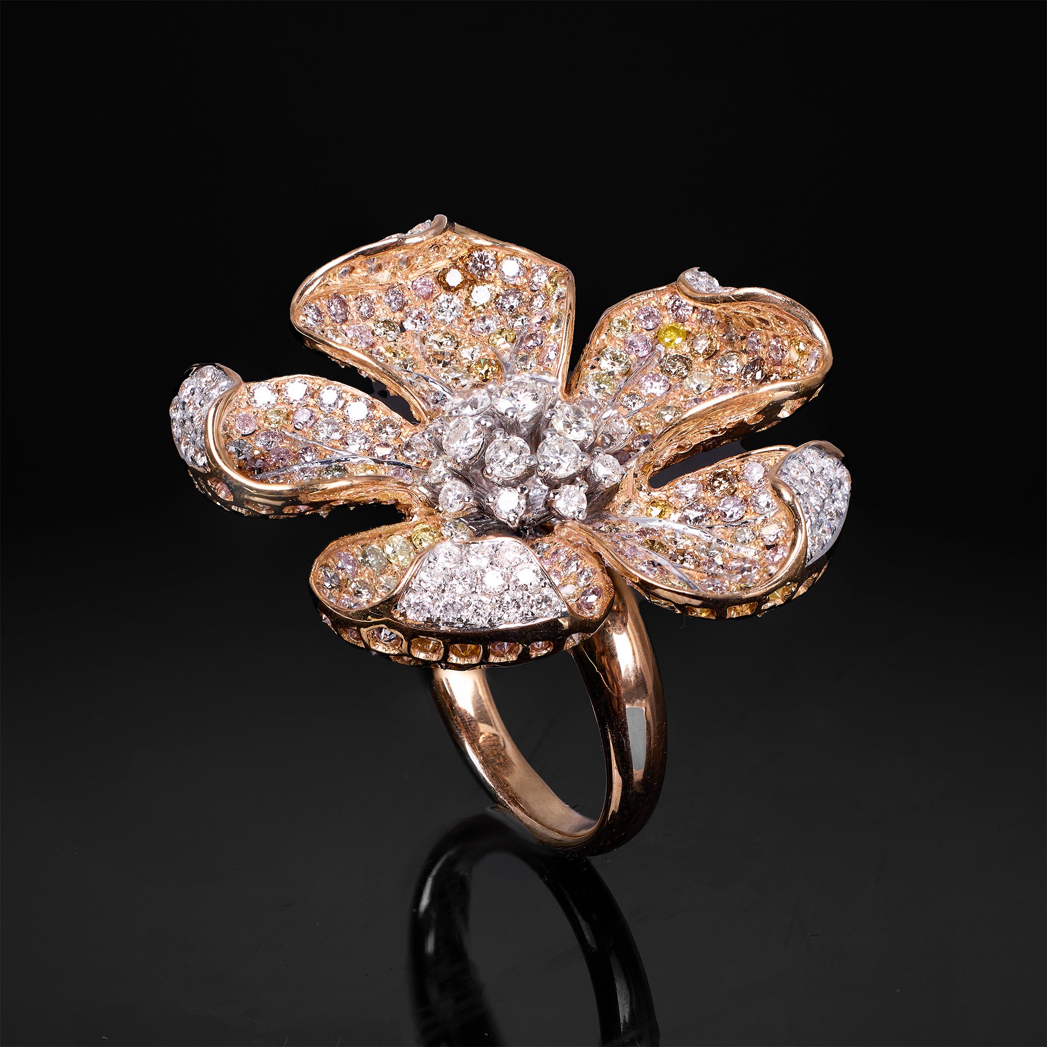 18K Yellow Gold Flower Motif Ring with Natural Color Diamonds - Jewelry And Store