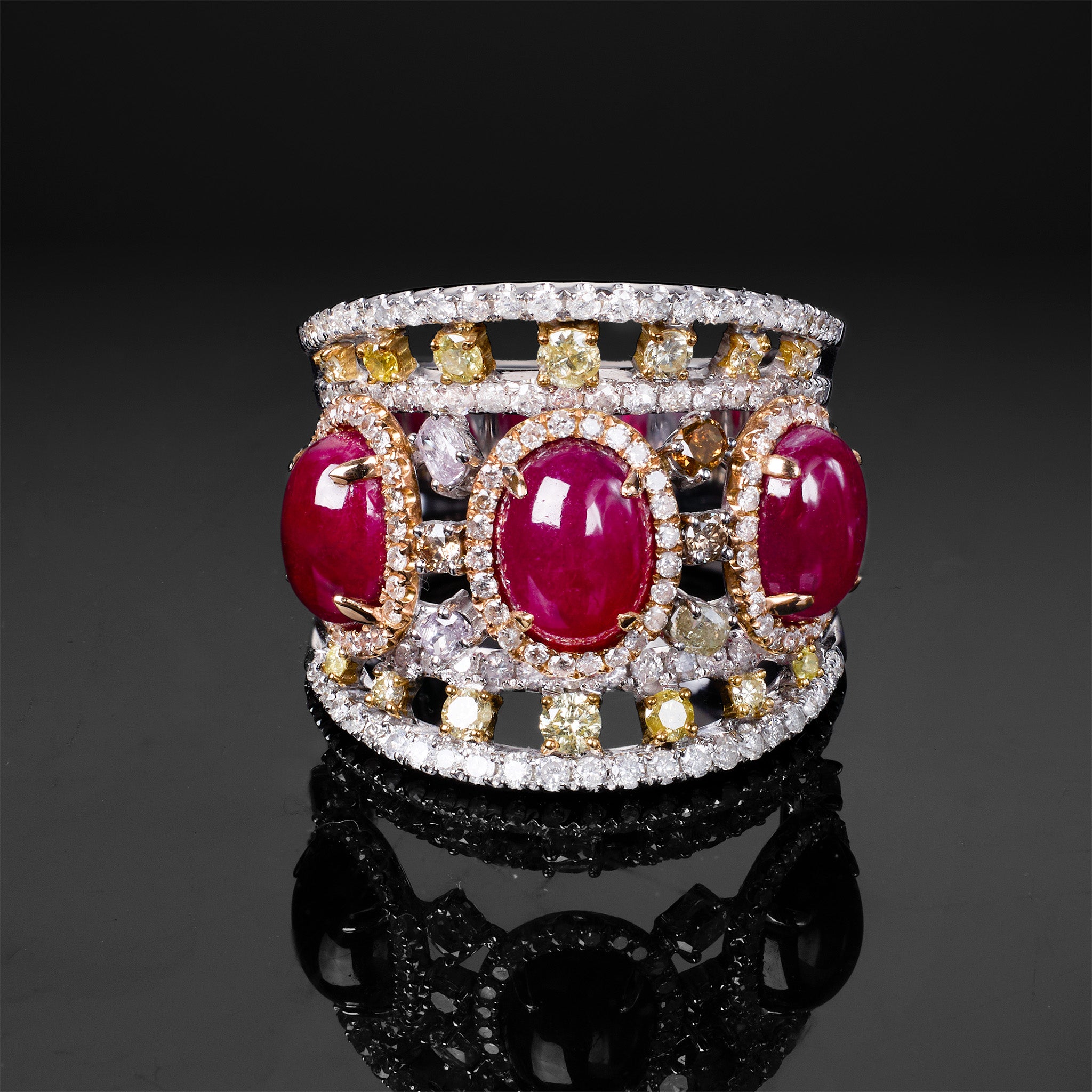 18K White Gold Ring with Natural Oval Rubies and Color Diamonds - Jewelry And Store