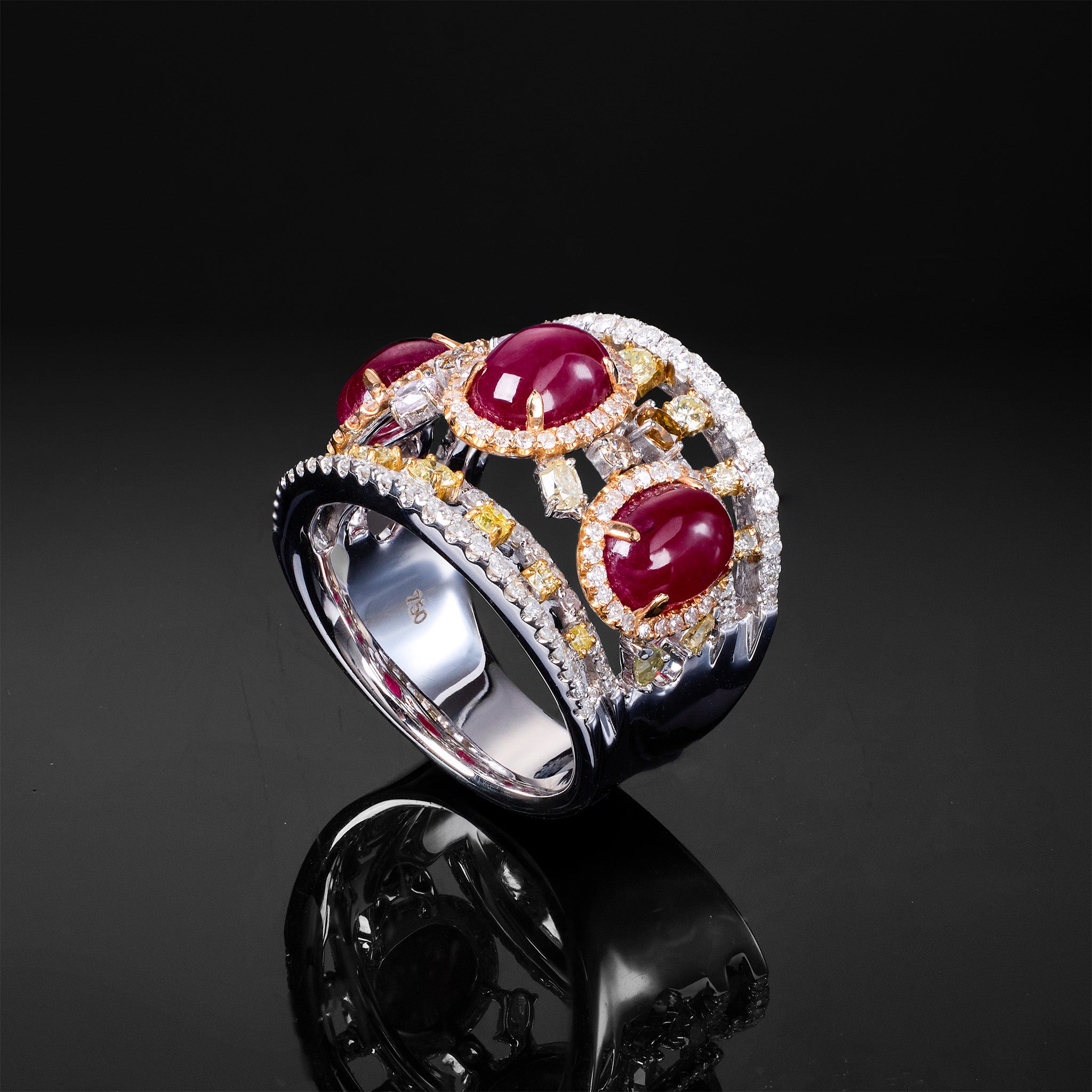 18K White Gold Ring with Natural Oval Rubies and Color Diamonds - Jewelry And Store
