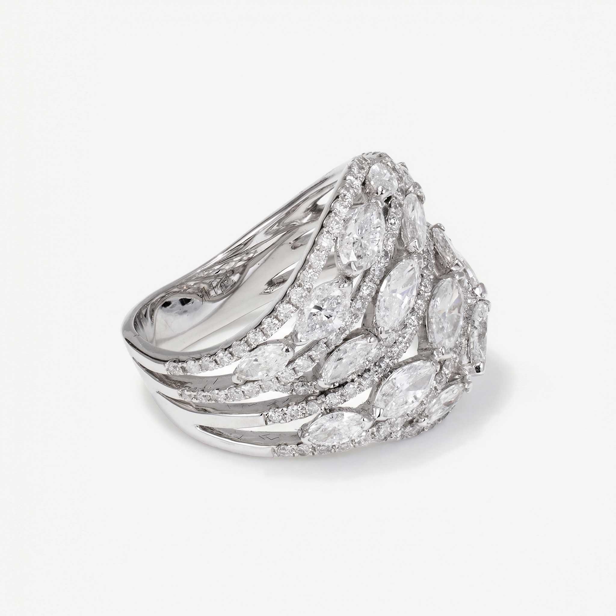 2.86ct Natural Marquise and Round Diamond Multi-Row Leaf Ring in 14K White Gold