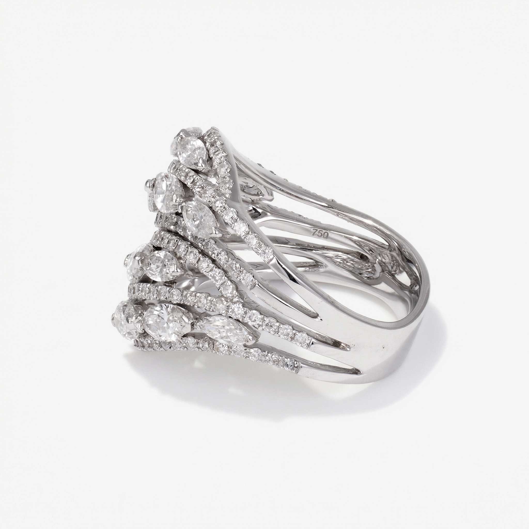 2.86ct Natural Marquise and Round Diamond Multi-Row Leaf Ring in 14K White Gold