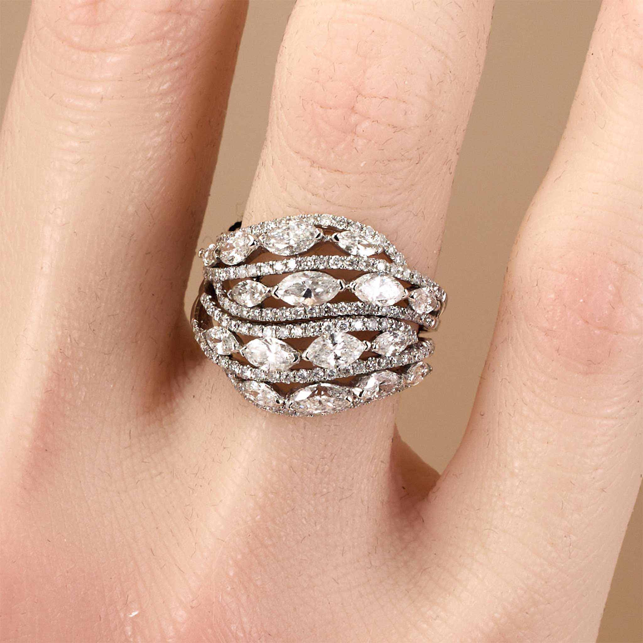 2.86ct Natural Marquise and Round Diamond Multi-Row Leaf Ring in 14K White Gold
