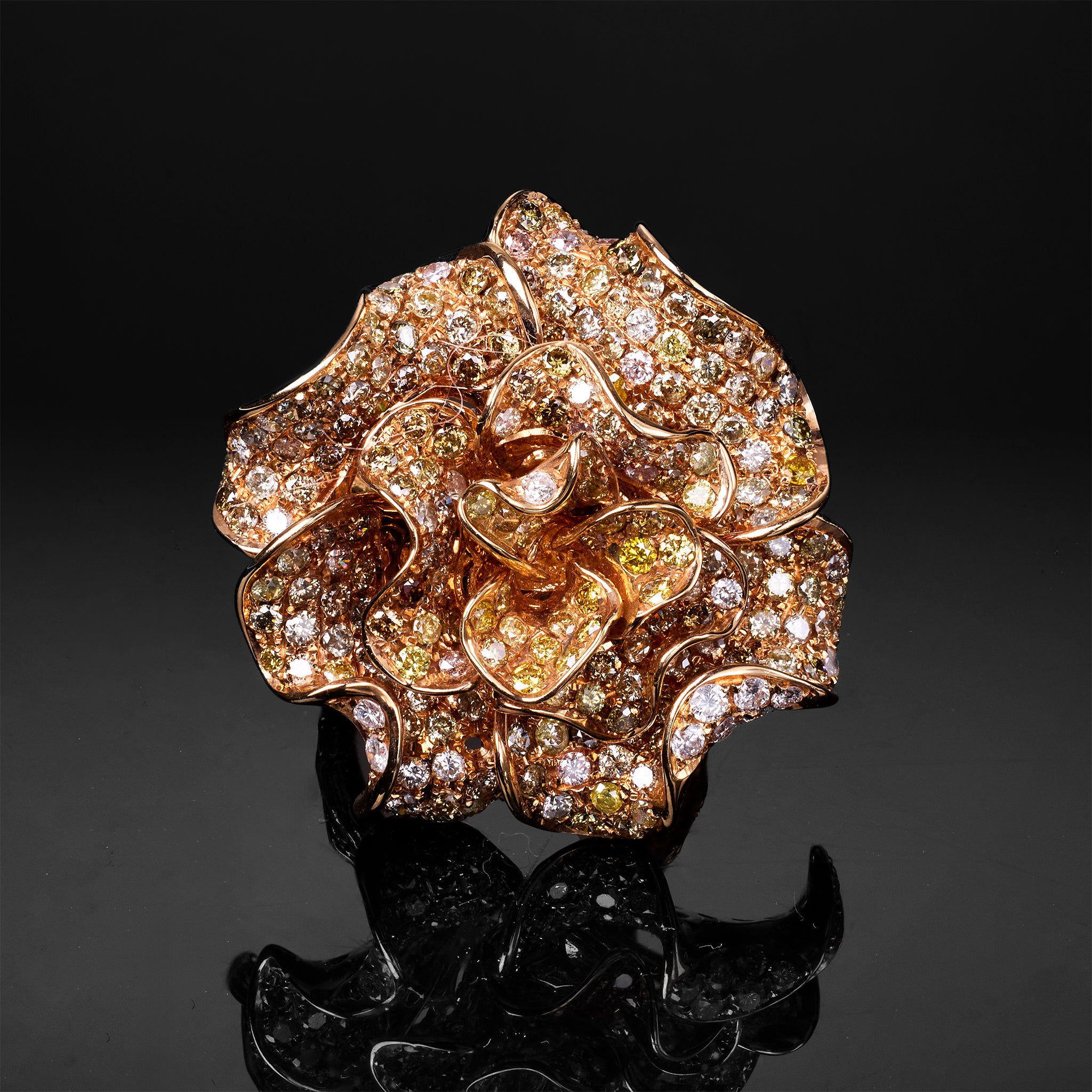 18K Yellow Gold Flower Ring with Natural Color Diamonds - Jewelry And Store