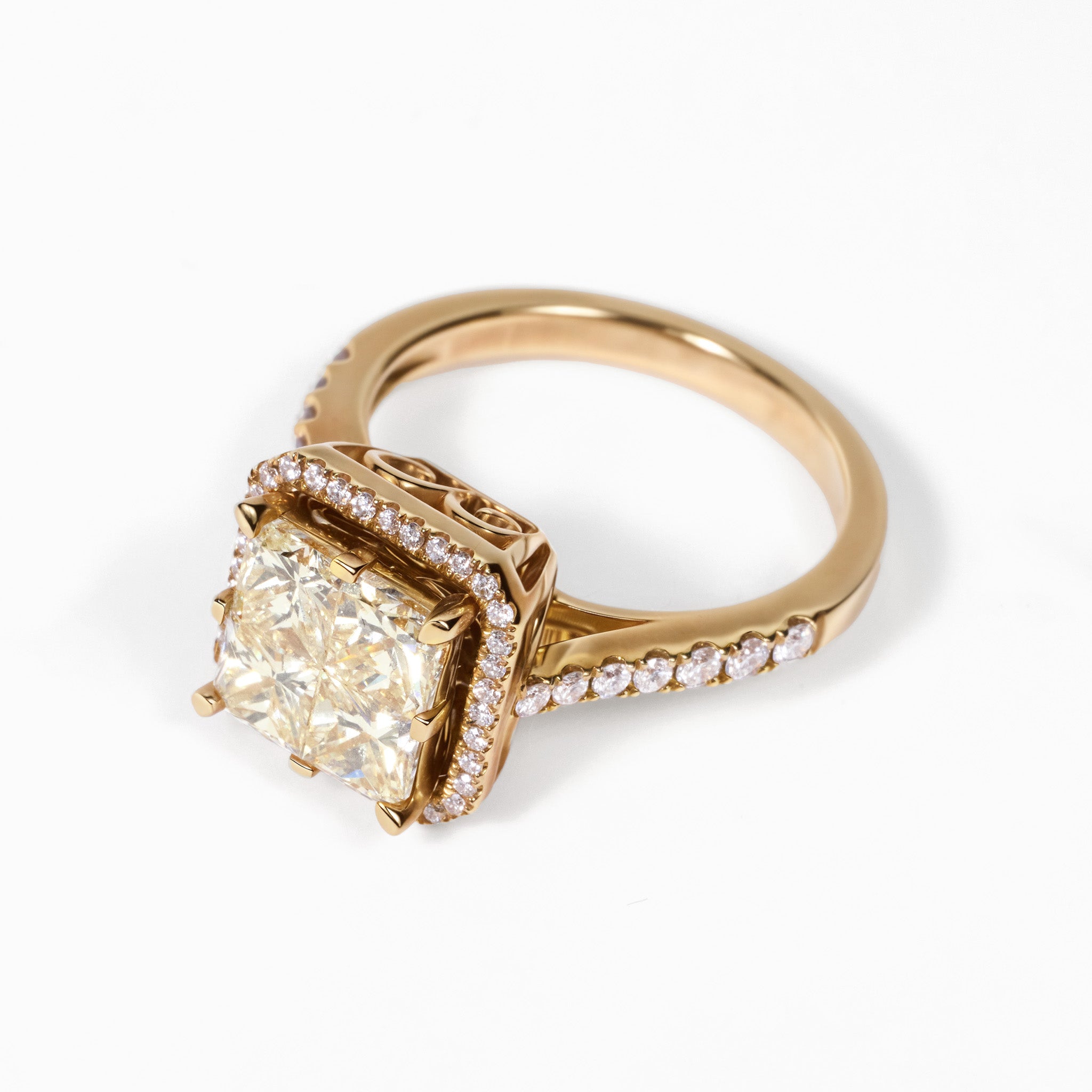 18K Yellow Gold Square Halo Ring with Natural Yellow Diamonds - JewelryAndStore