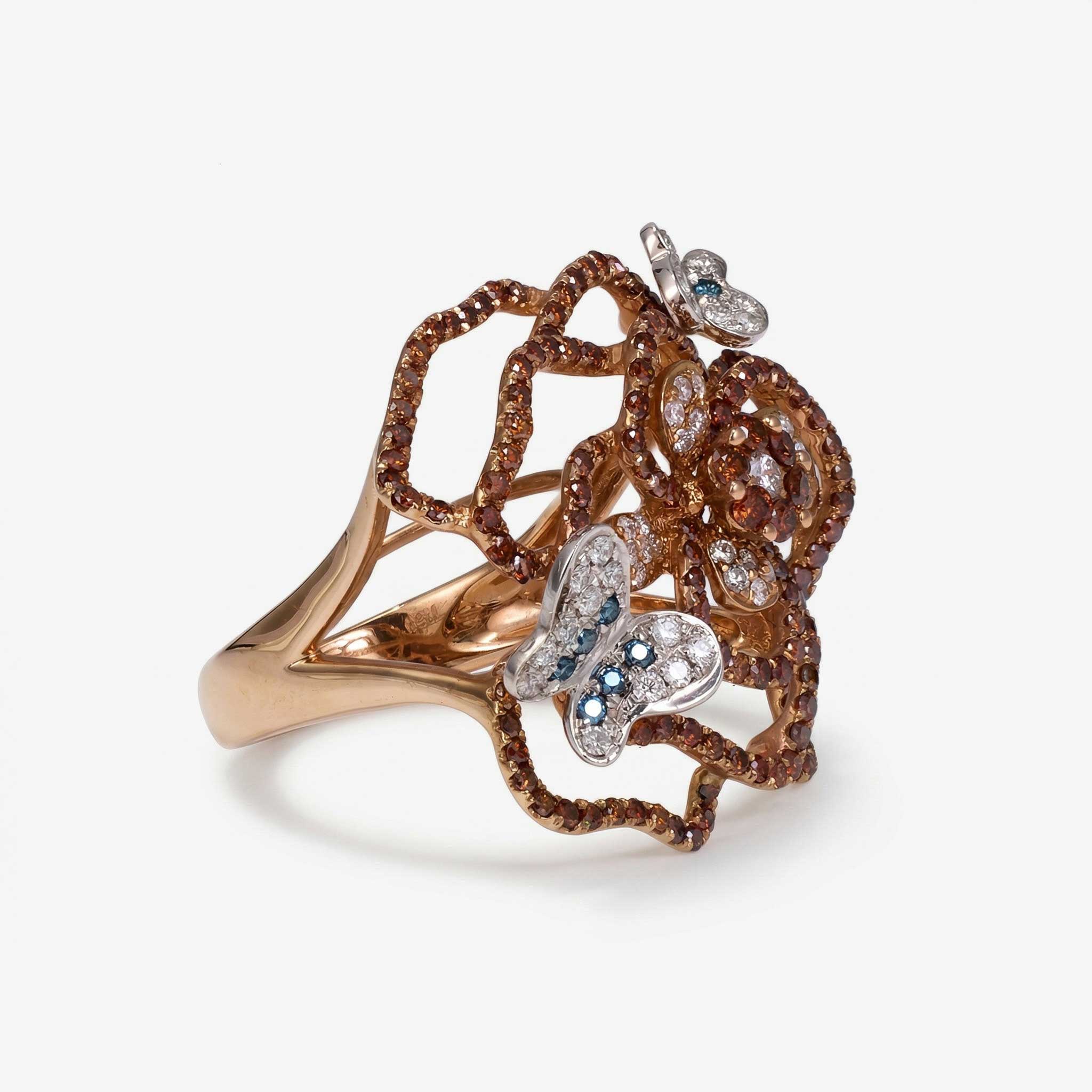 Natural Multi - Color Diamond Openwork Floral Ring in 18K Gold - JewelryAndStore
