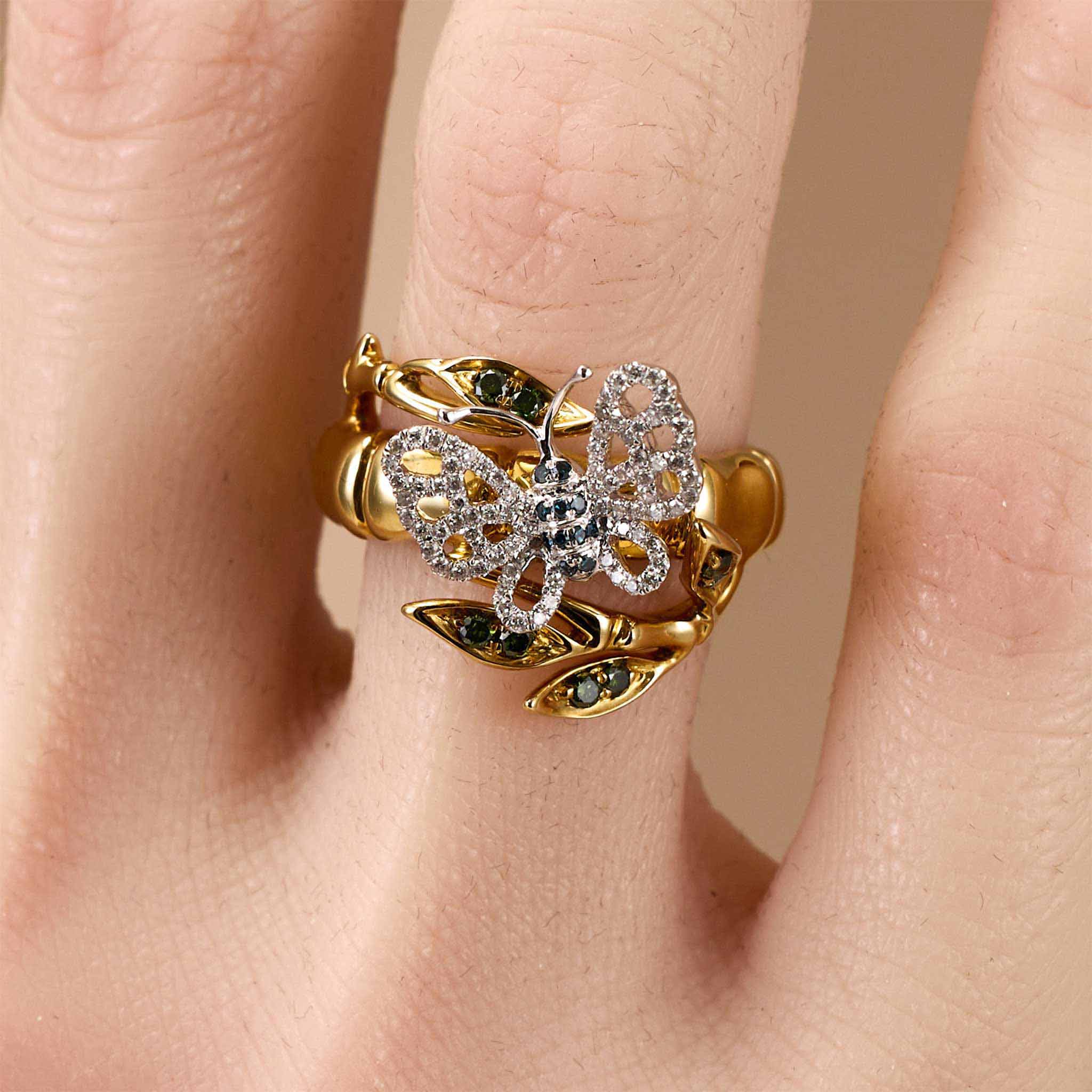 Natural Multi-Color Diamond Bamboo & Butterfly Ring 18K Gold - JewelryandStore