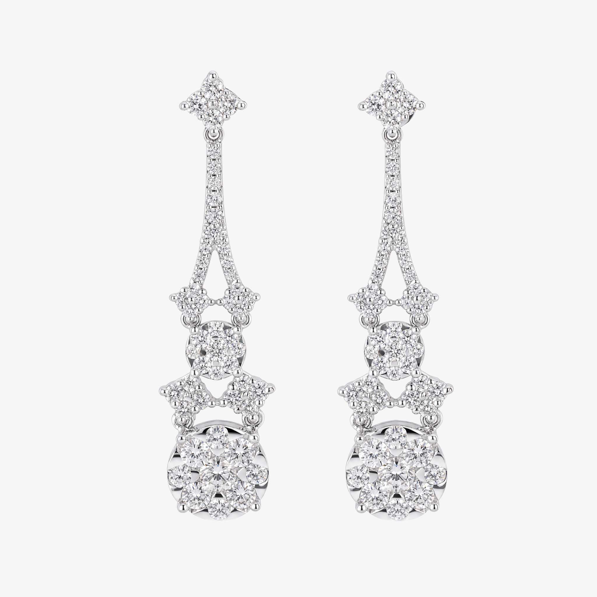2.02ctw Natural Diamond Floral Cluster Cascading Drop Earrings in 18K White Gold - JewelryandStore
