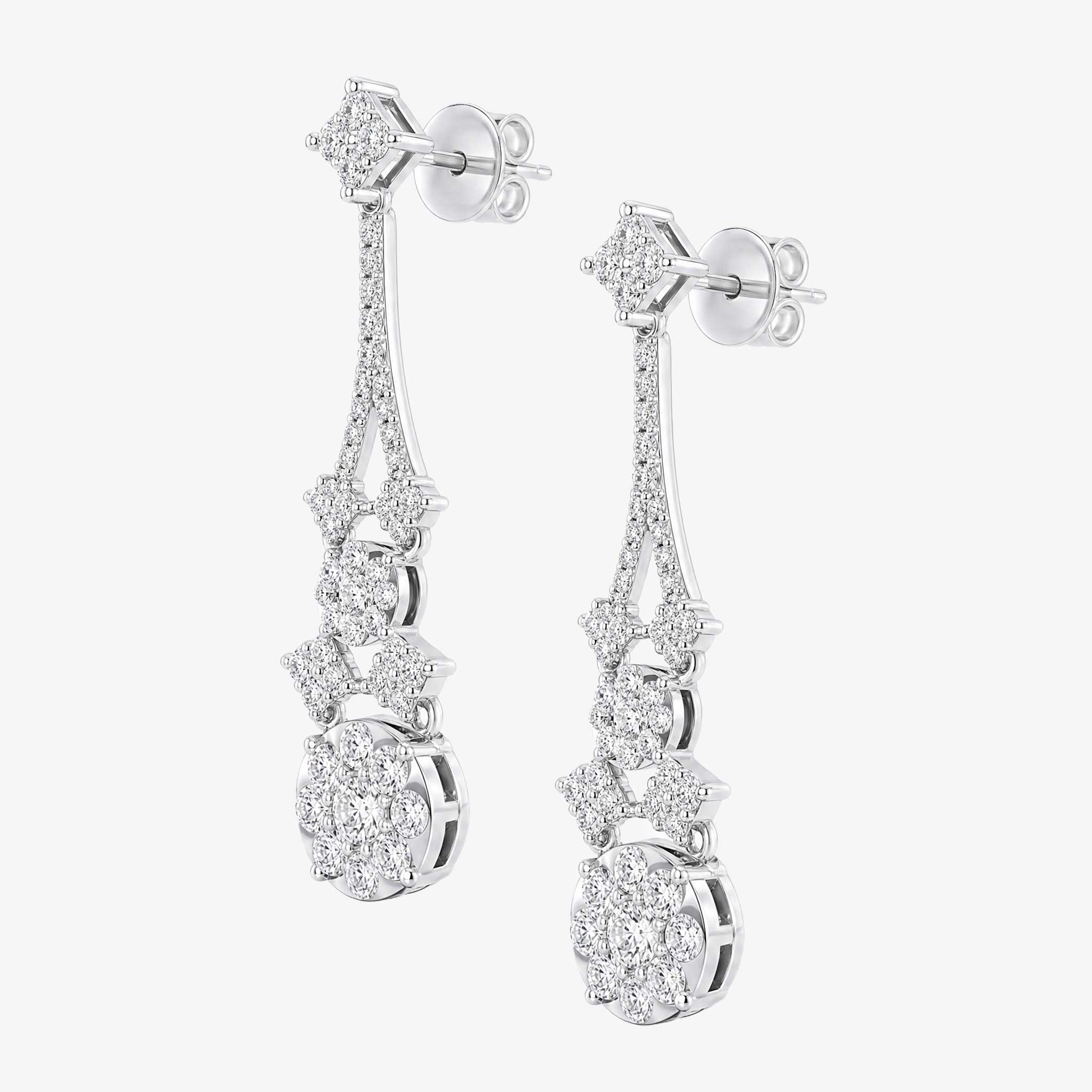2.02ctw Natural Diamond Floral Cluster Cascading Drop Earrings in 18K White Gold - JewelryandStore