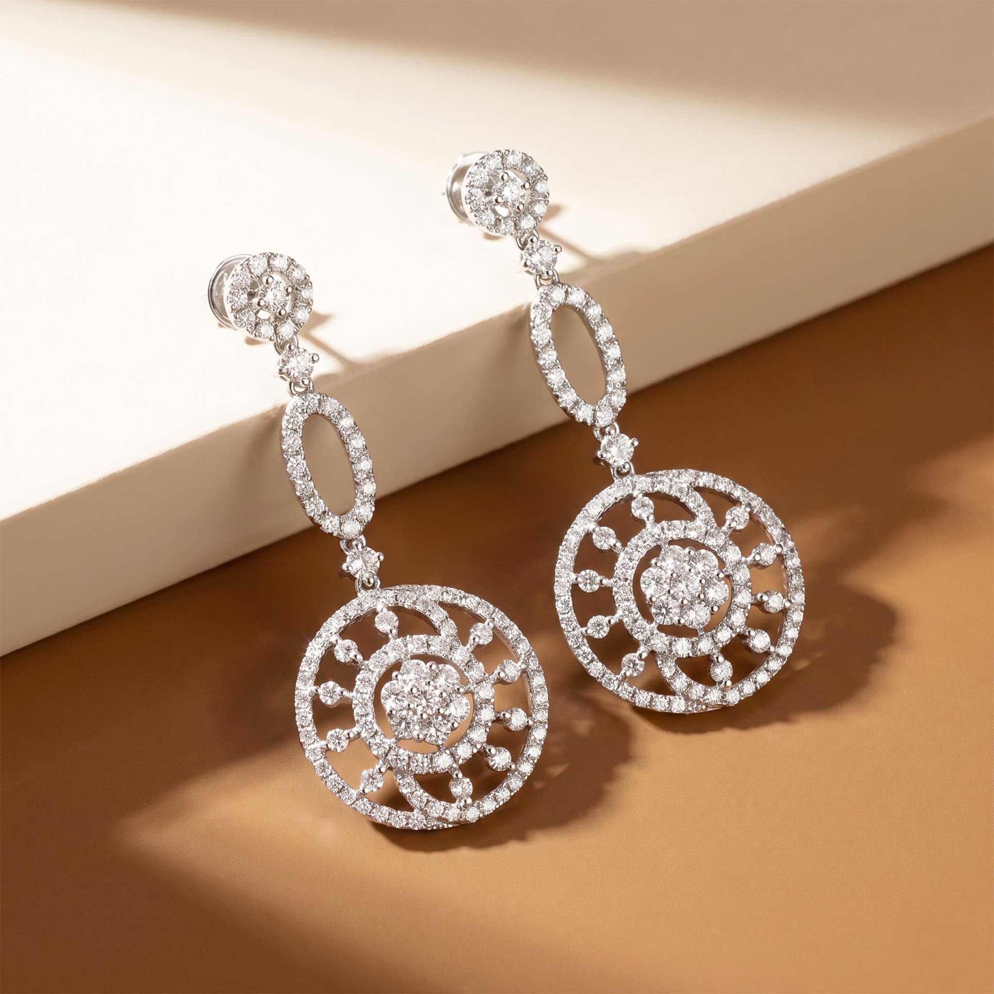 2.28ctw Natural Diamond Sunburst Openwork Drop Earrings in 18K White Gold - JewelryAndStore