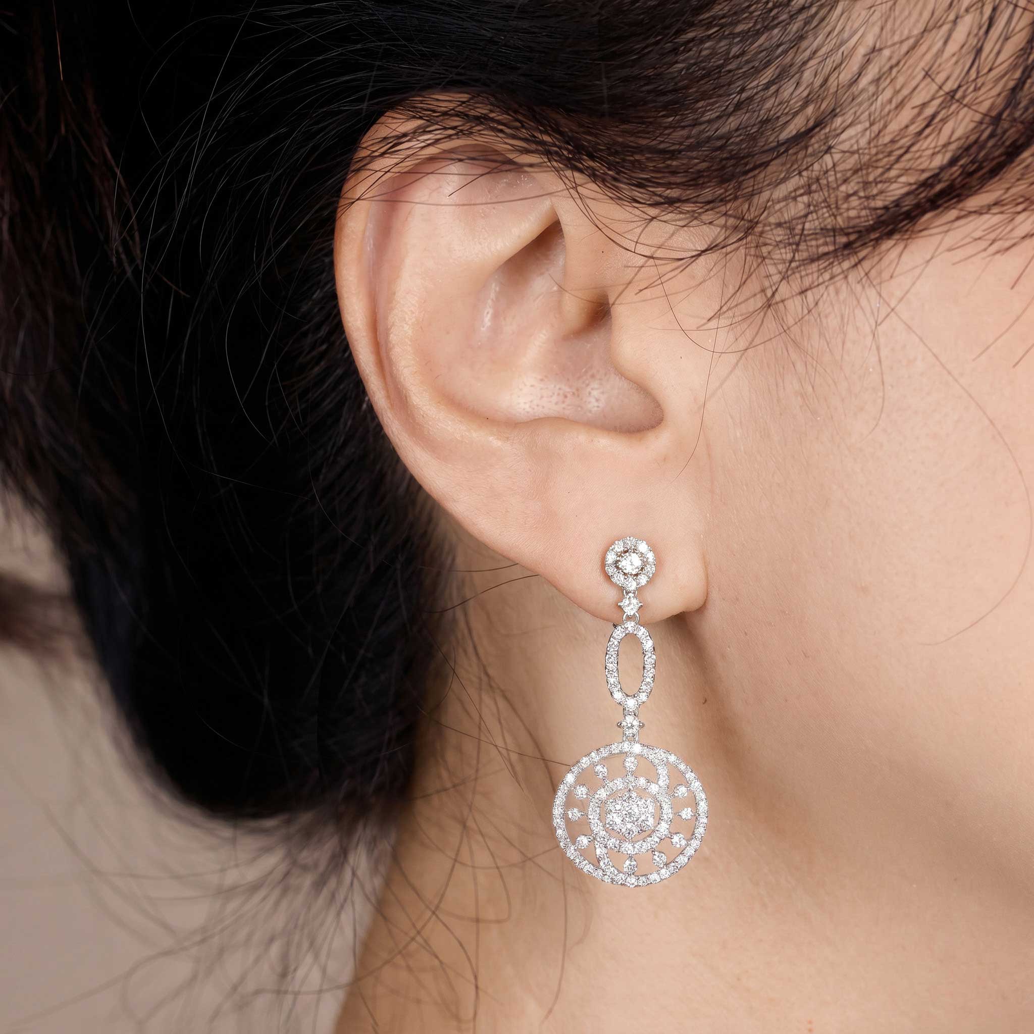 2.28ctw Natural Diamond Sunburst Openwork Drop Earrings in 18K White Gold - JewelryAndStore