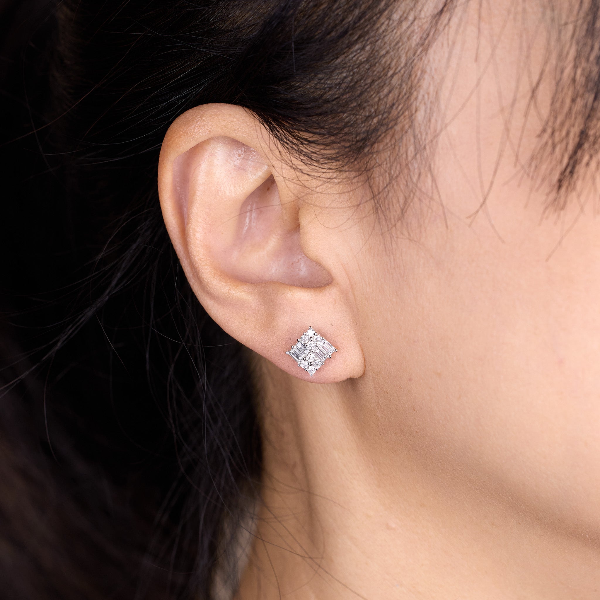 0.98ct Baguette and Round Diamond Cluster Stud Earrings in 18K White Gold - JewelryAndStore