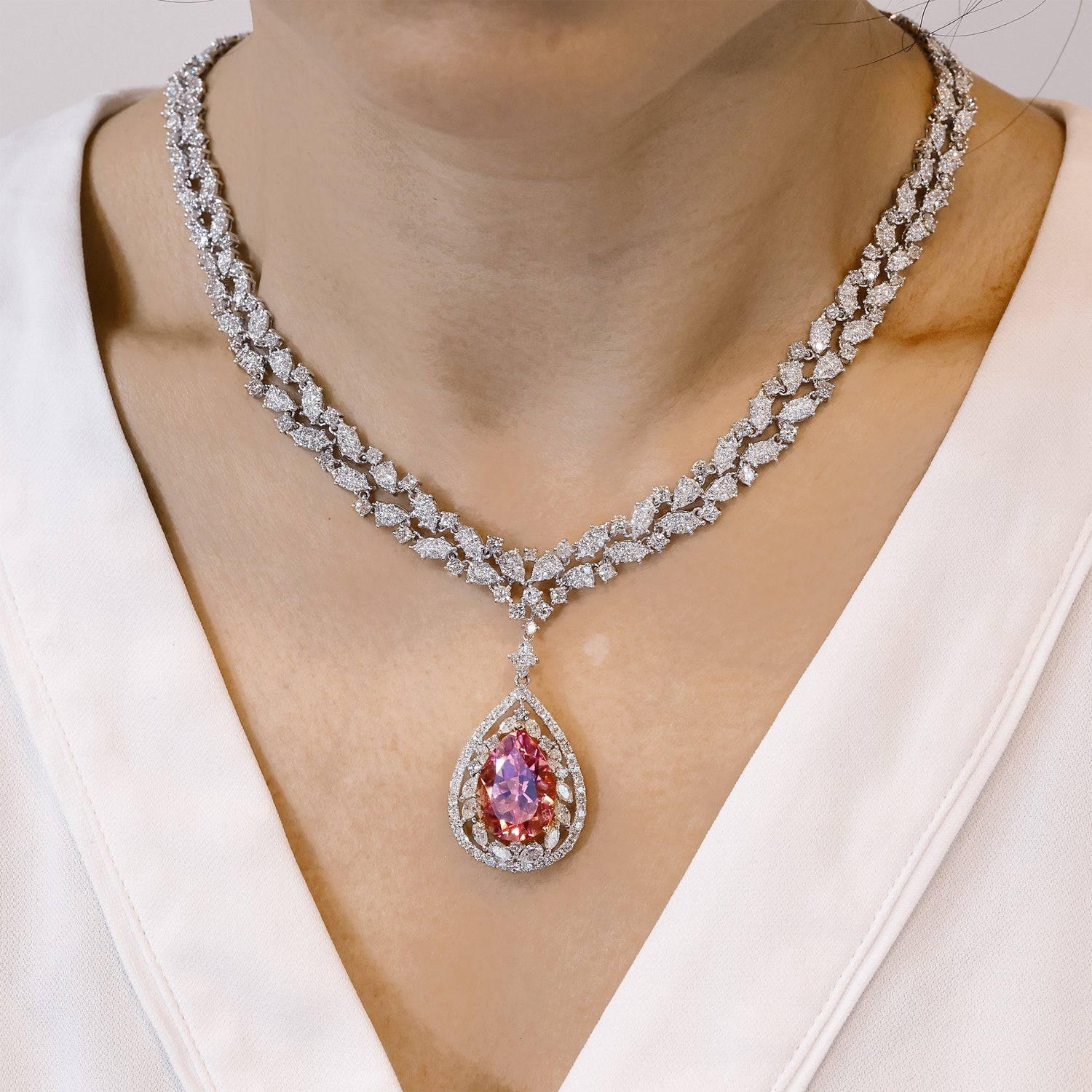 18K Gold Necklace with 14.16ct Natural Pink Topaz & 15.85ct.tw. Diamonds - Jewelry And Store