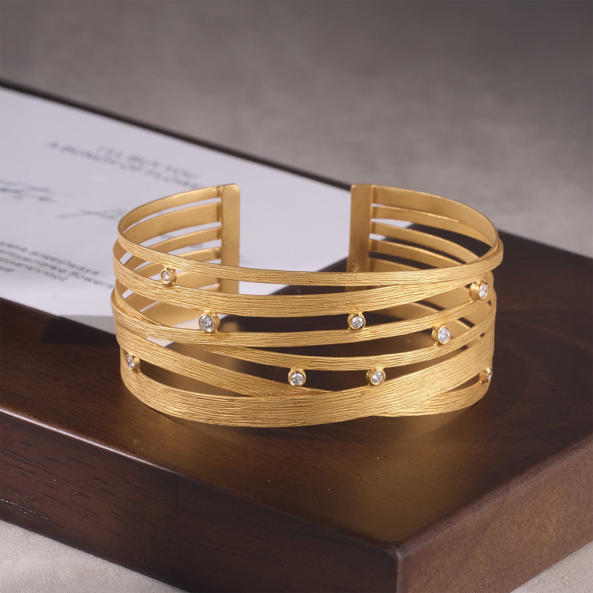 14K Gold Galaxy - Inspired Diamond Cuff Bangle with Hand - hammered Texture - Jewelry And Store