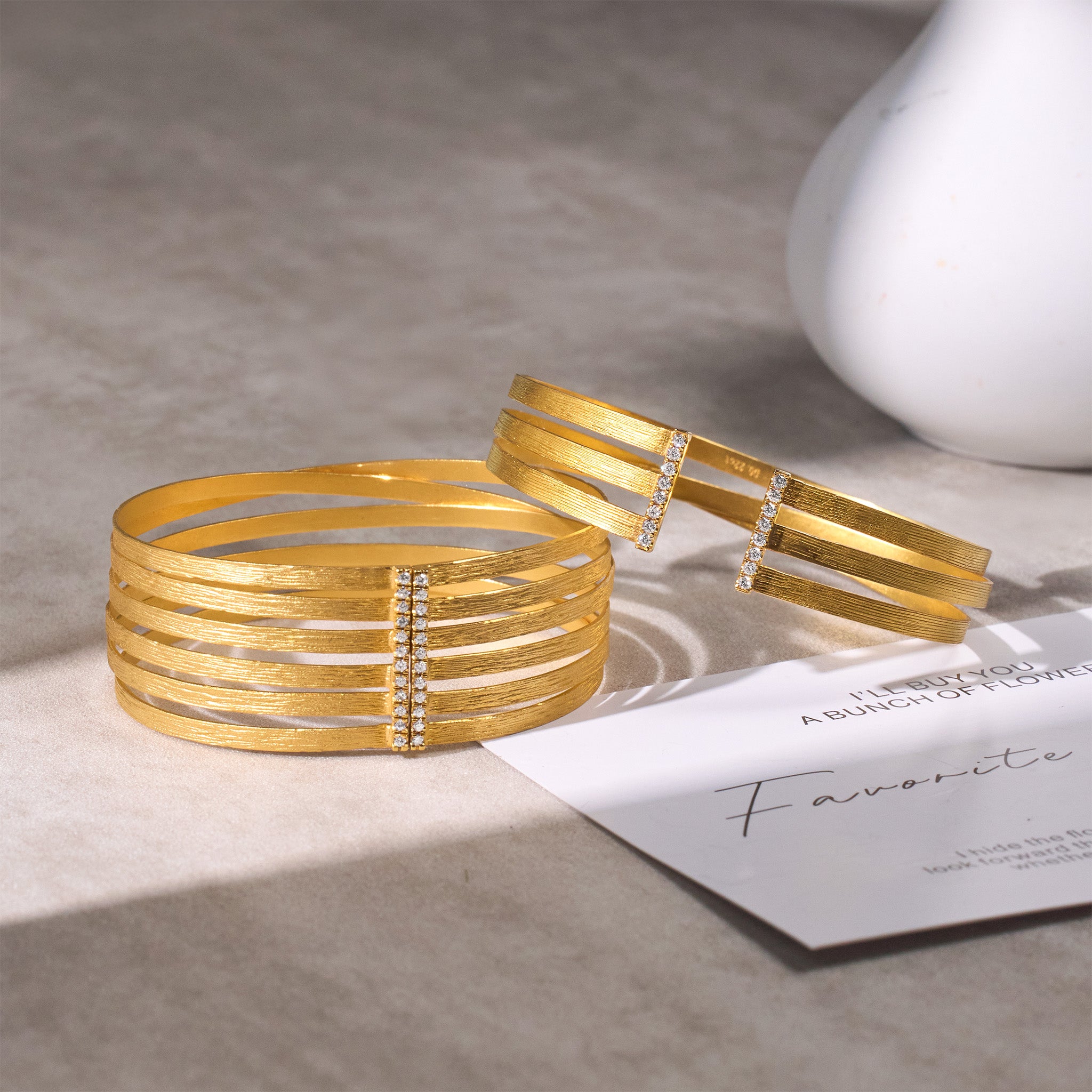 14K Gold Multi - Band Diamond Bangle with Hand - hammered Finish - Jewelry And Store
