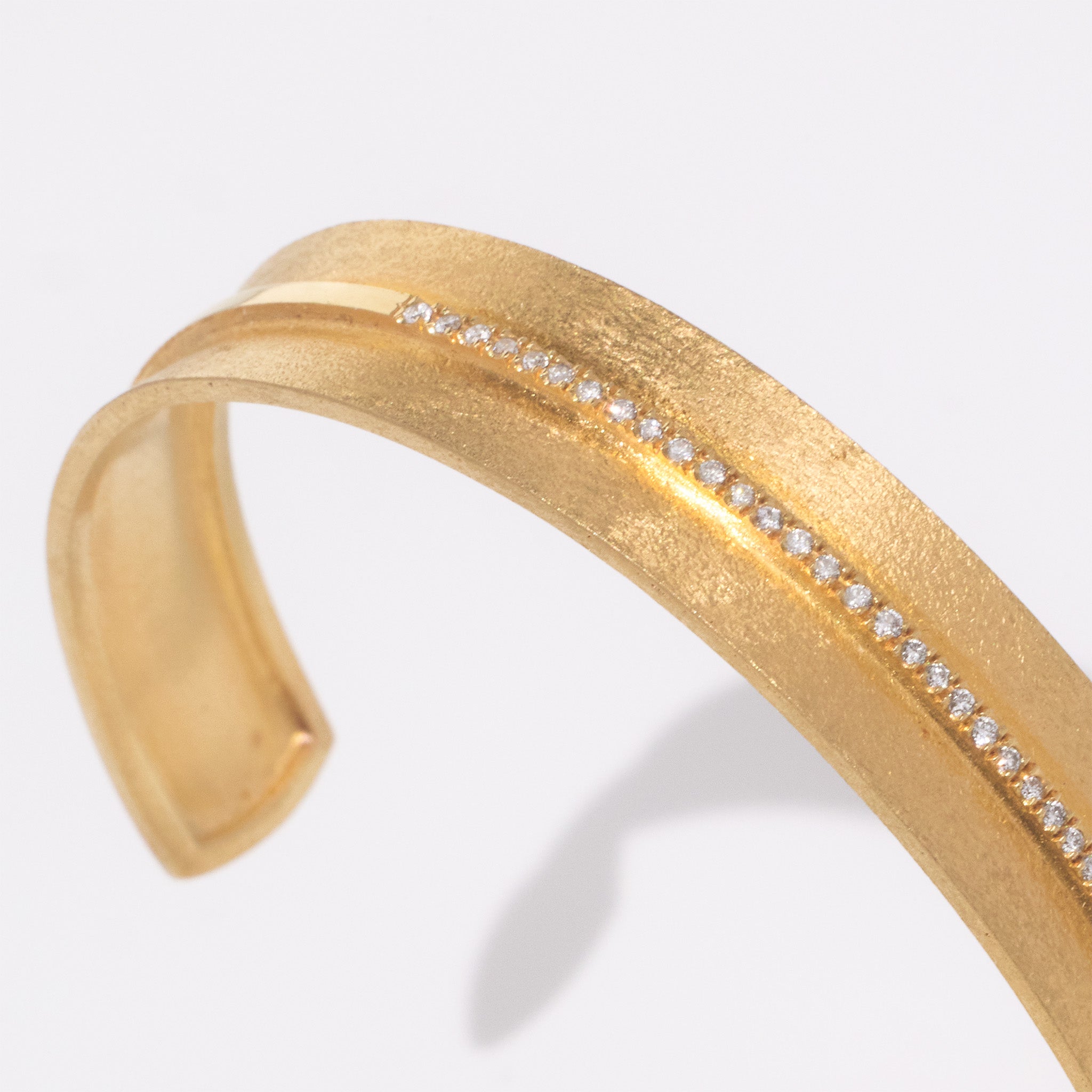 14K Gold Open Cuff Diamond Bracelet with Sand - Brushed Finish - Jewelry And Store