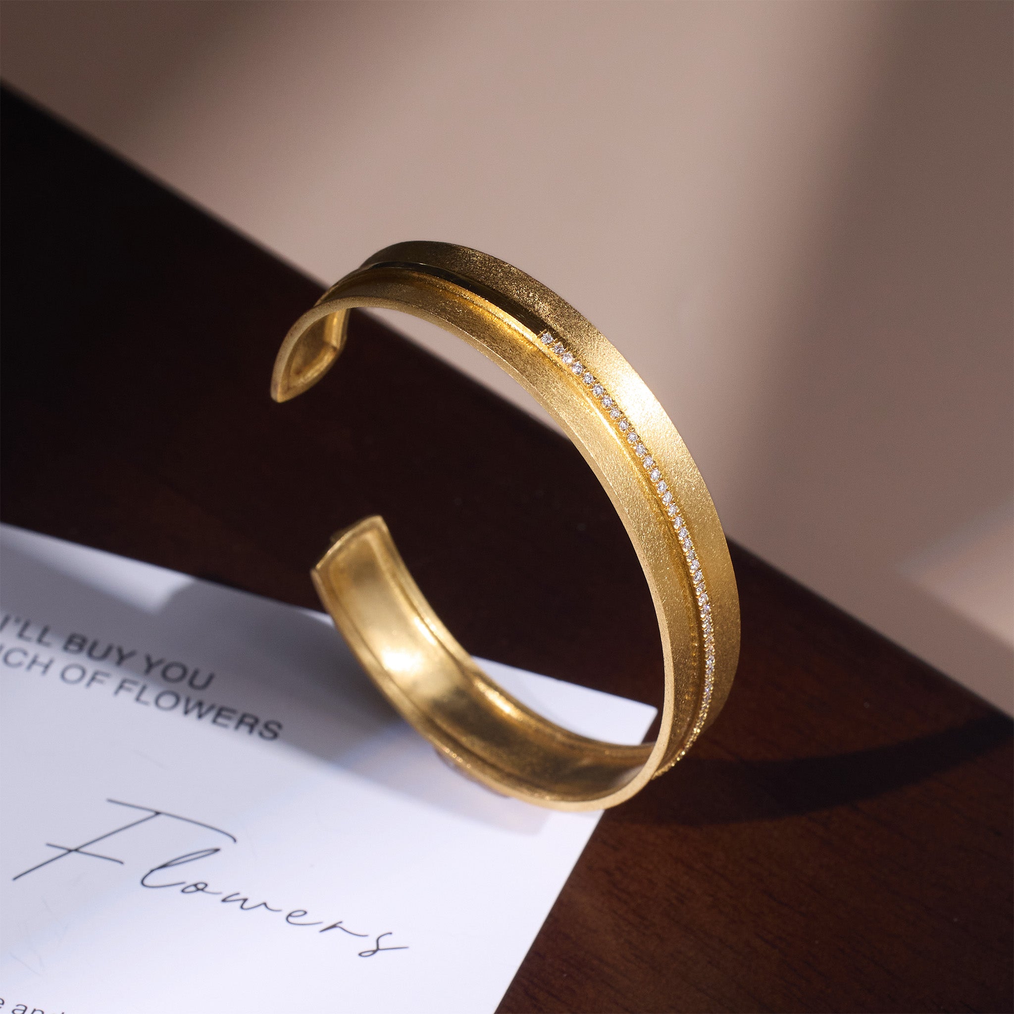 14K Gold Open Cuff Diamond Bracelet with Sand - Brushed Finish - Jewelry And Store
