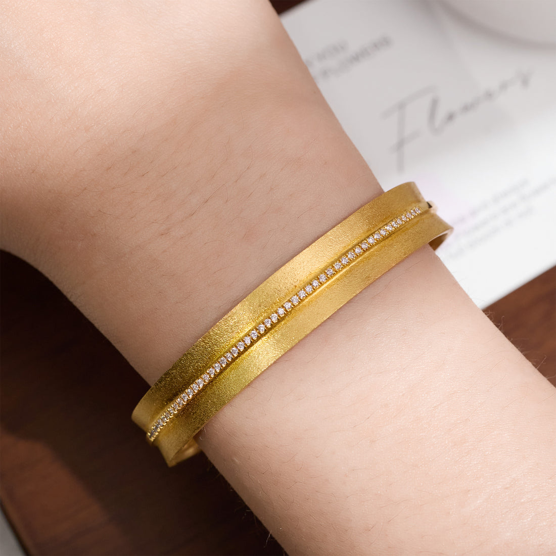 14K Gold Open Cuff Diamond Bracelet with Sand - Brushed Finish - Jewelry And Store