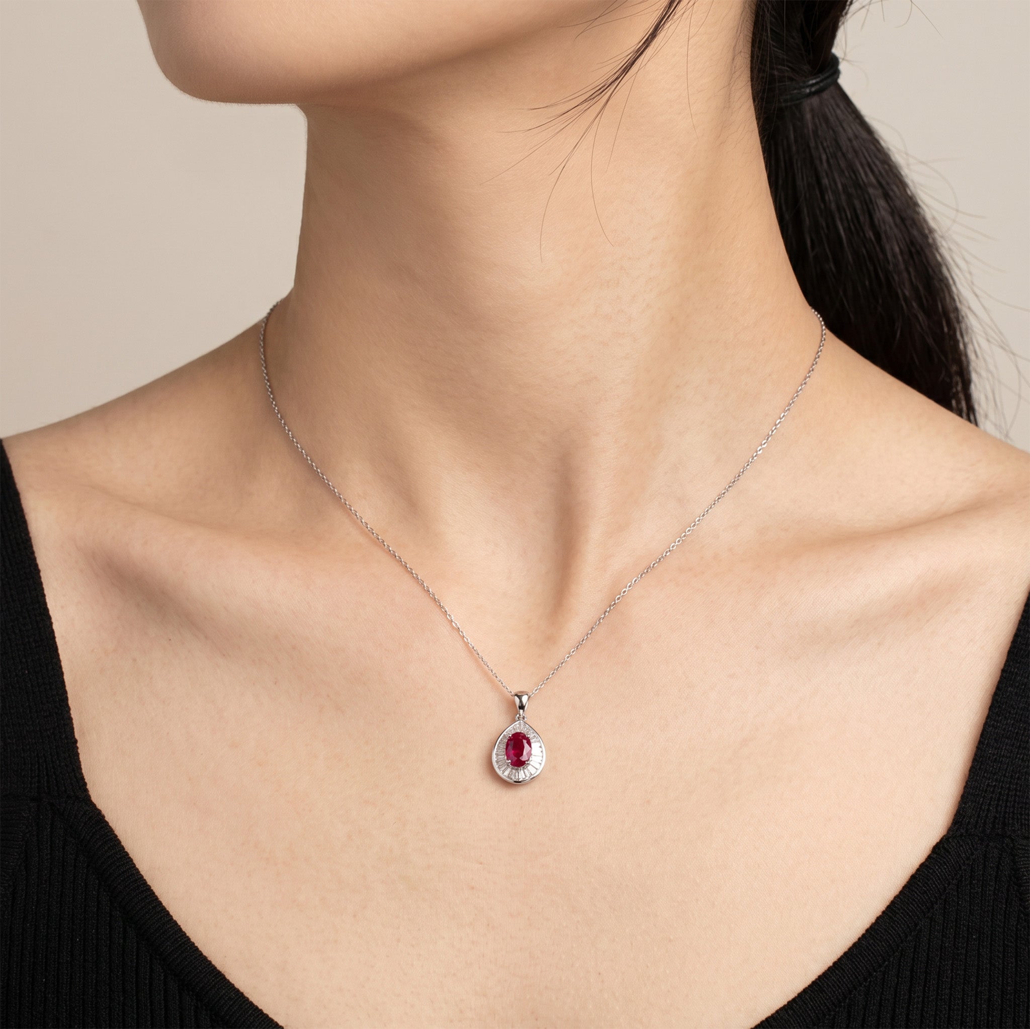 1.01ct Natural Ruby and Baguette Diamond Halo Pendant in 18K White Gold - JewelryAndStore
