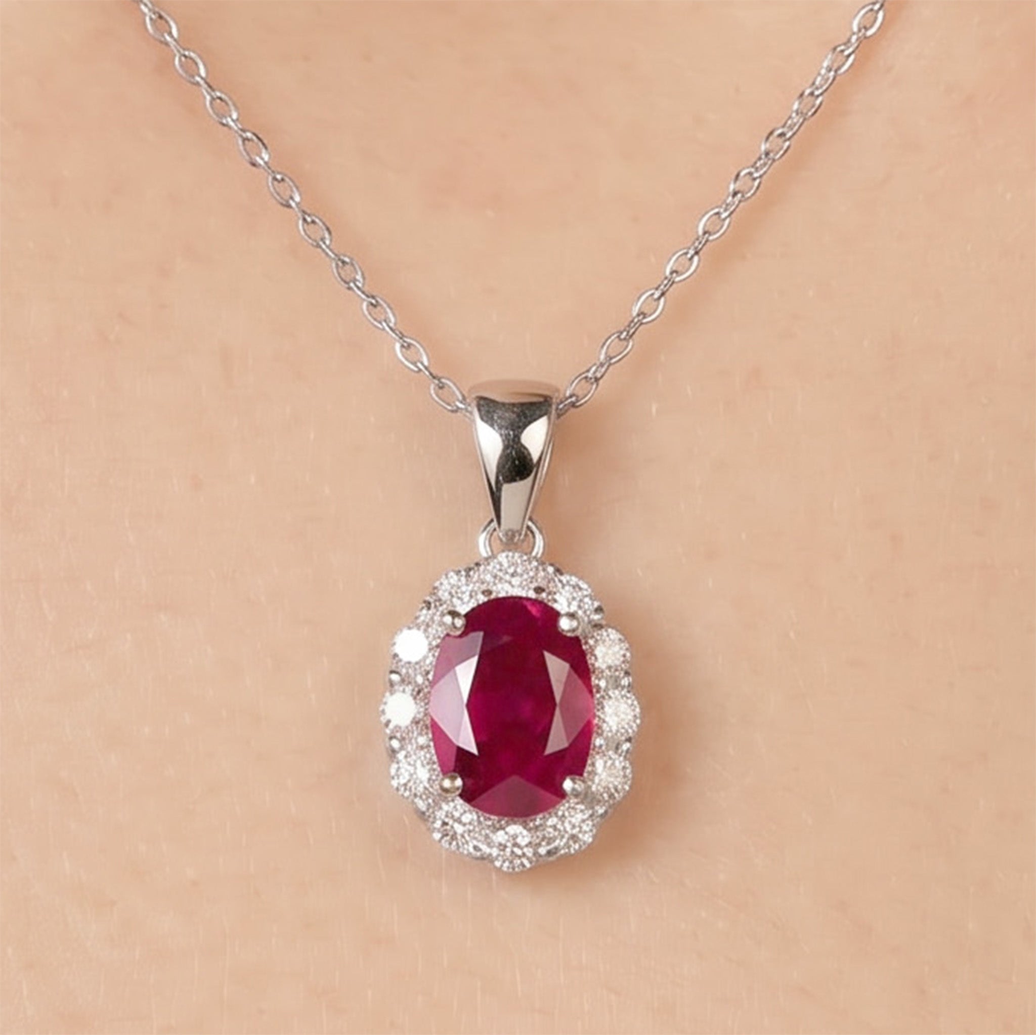 1.04ct Natural Ruby and Diamond Halo Pendant in 18K White Gold - JewelryAndStore