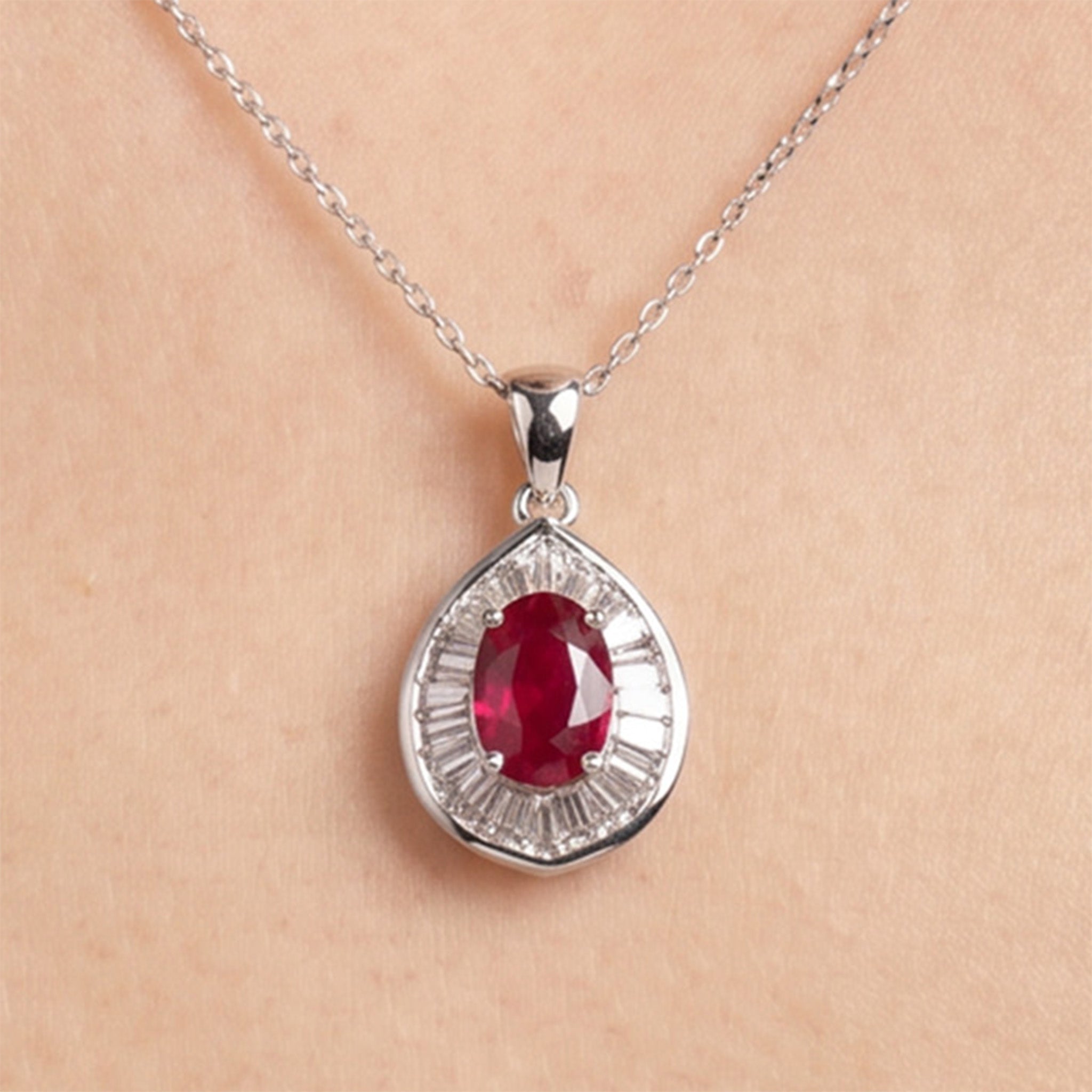 1.01ct Natural Ruby and Baguette Diamond Halo Pendant in 18K White Gold - JewelryAndStore