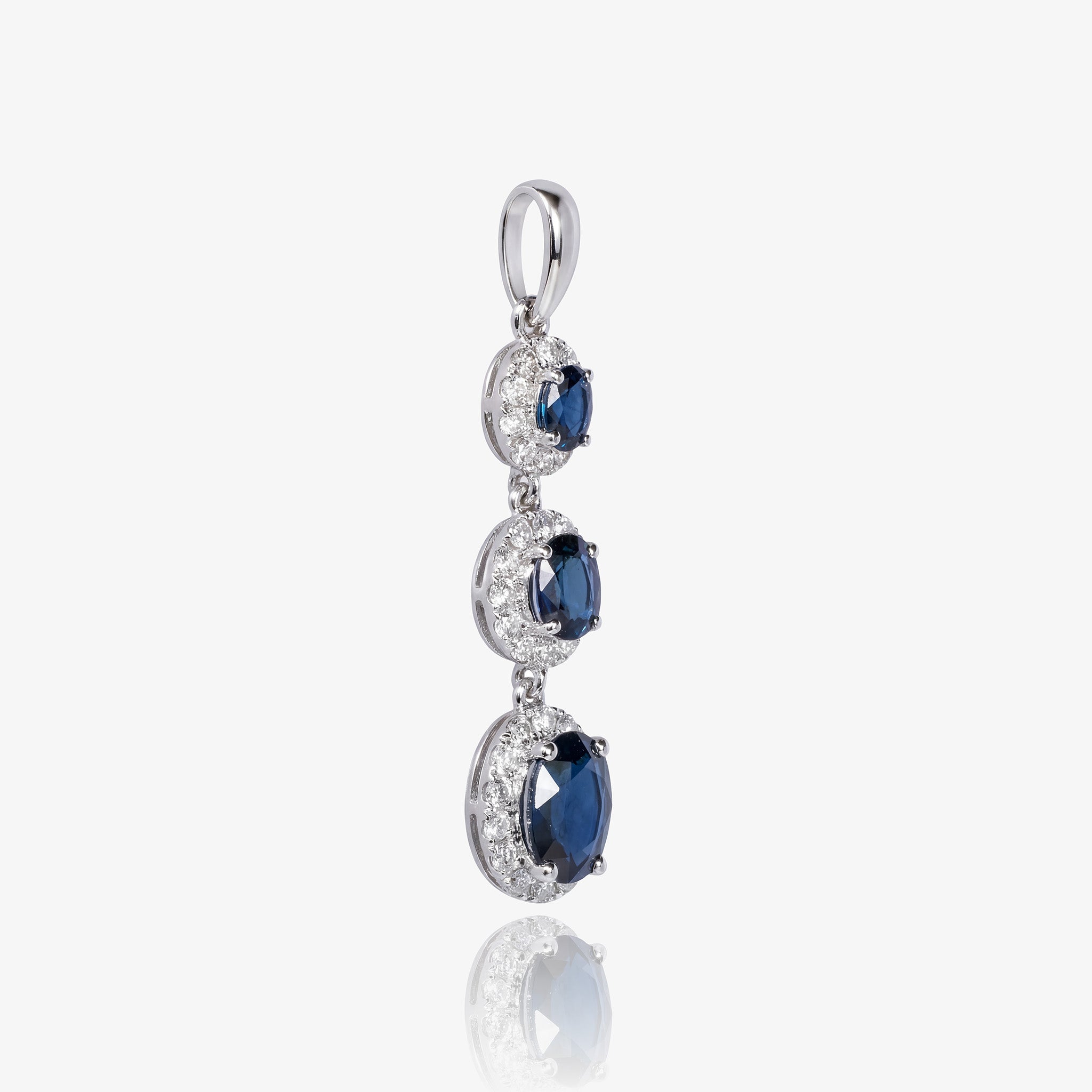 Graduated Natural Blue Sapphire and Diamond Drop Pendant in 18K White Gold - JewelryAndStore