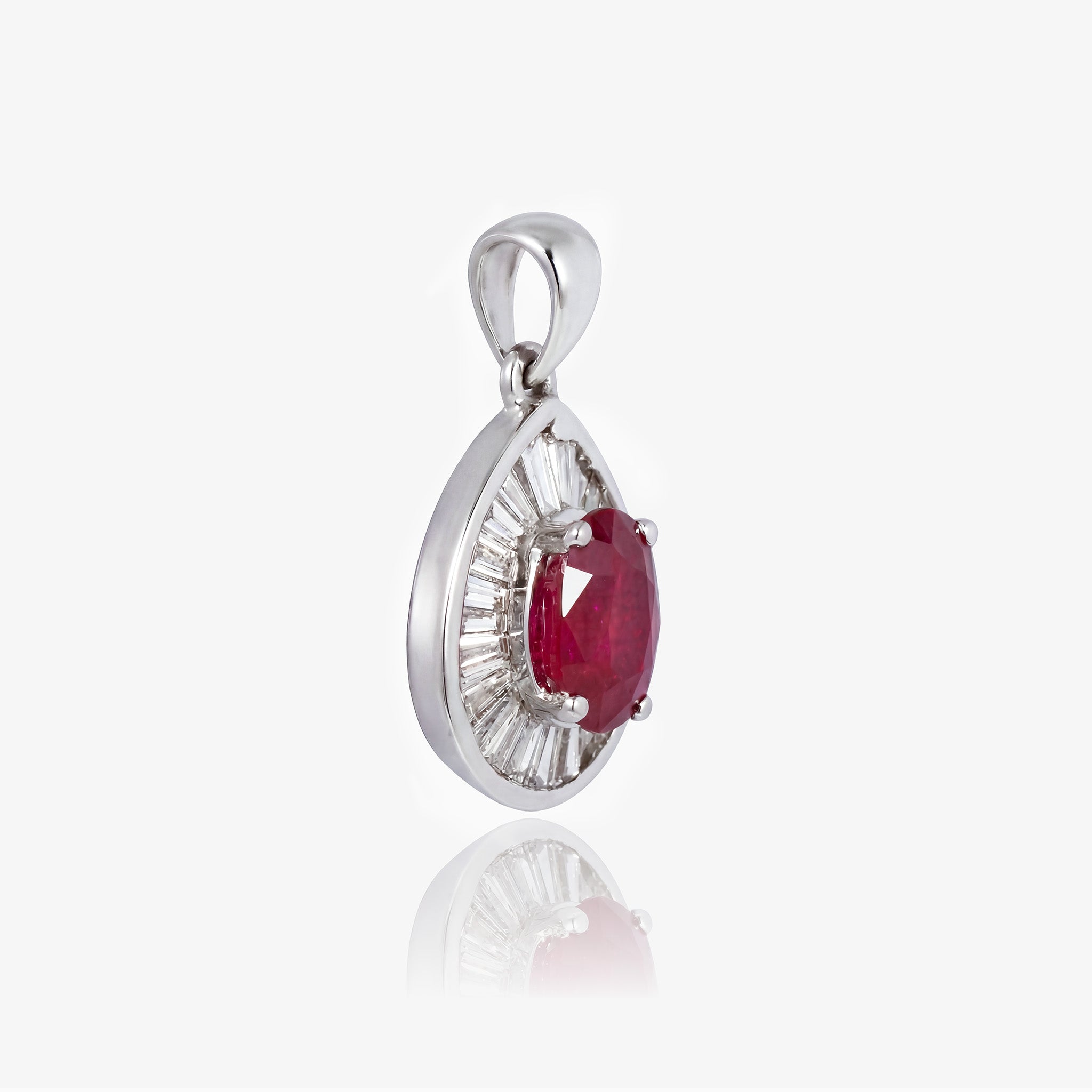 1.01ct Natural Ruby and Baguette Diamond Halo Pendant in 18K White Gold - JewelryAndStore