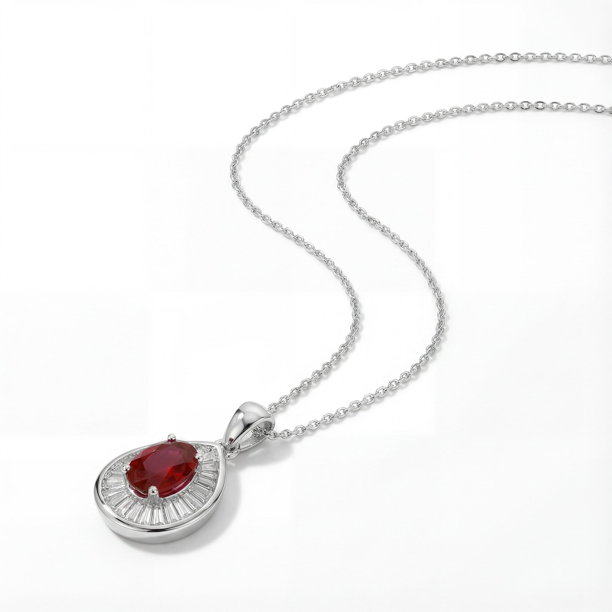 1.01ct Natural Ruby and Baguette Diamond Halo Pendant in 18K White Gold - JewelryAndStore