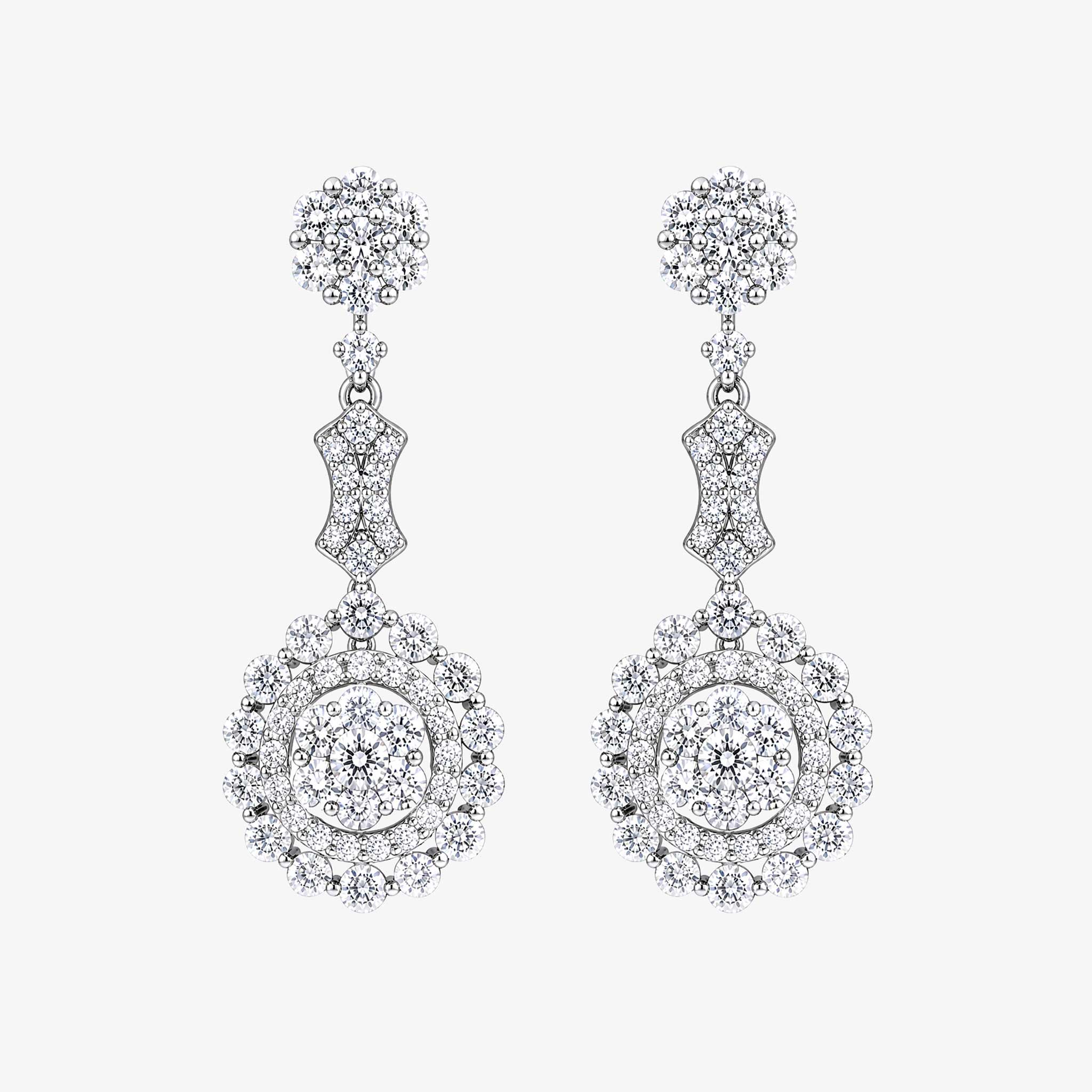 3.14ctw Natural Diamond Floral Cluster Cascading Drop Earrings in 18K White Gold - JewelryandStore