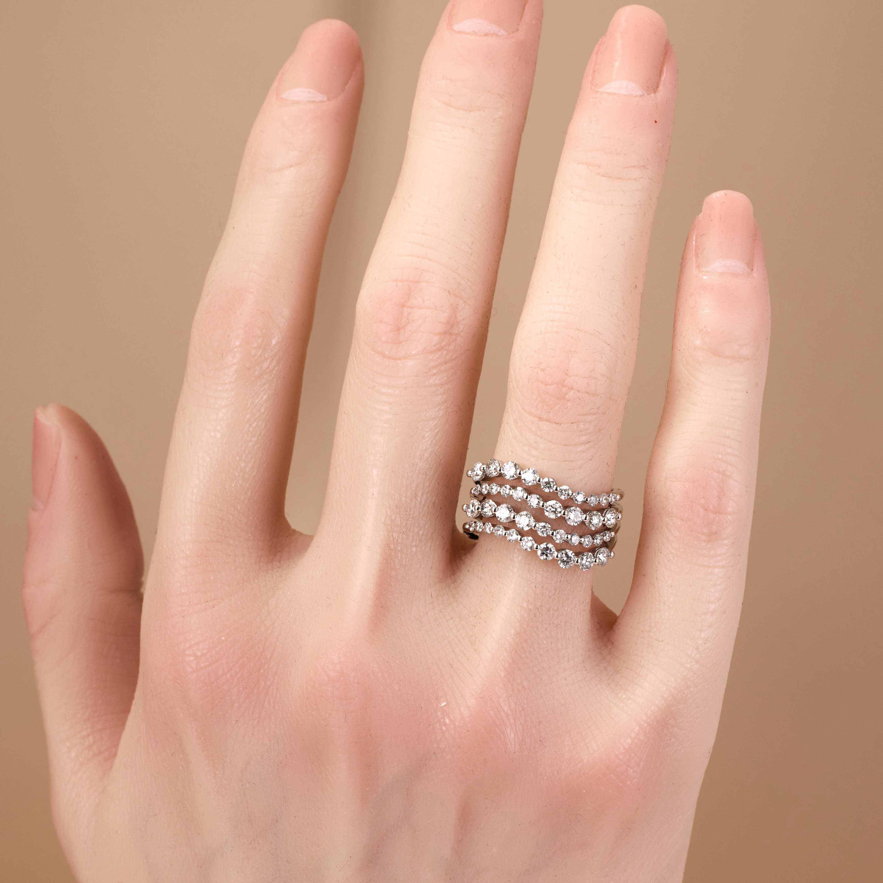 1.69ct Natural Diamond Wavy Multi - Row Ring in 18K Gold - JewelryAndStore