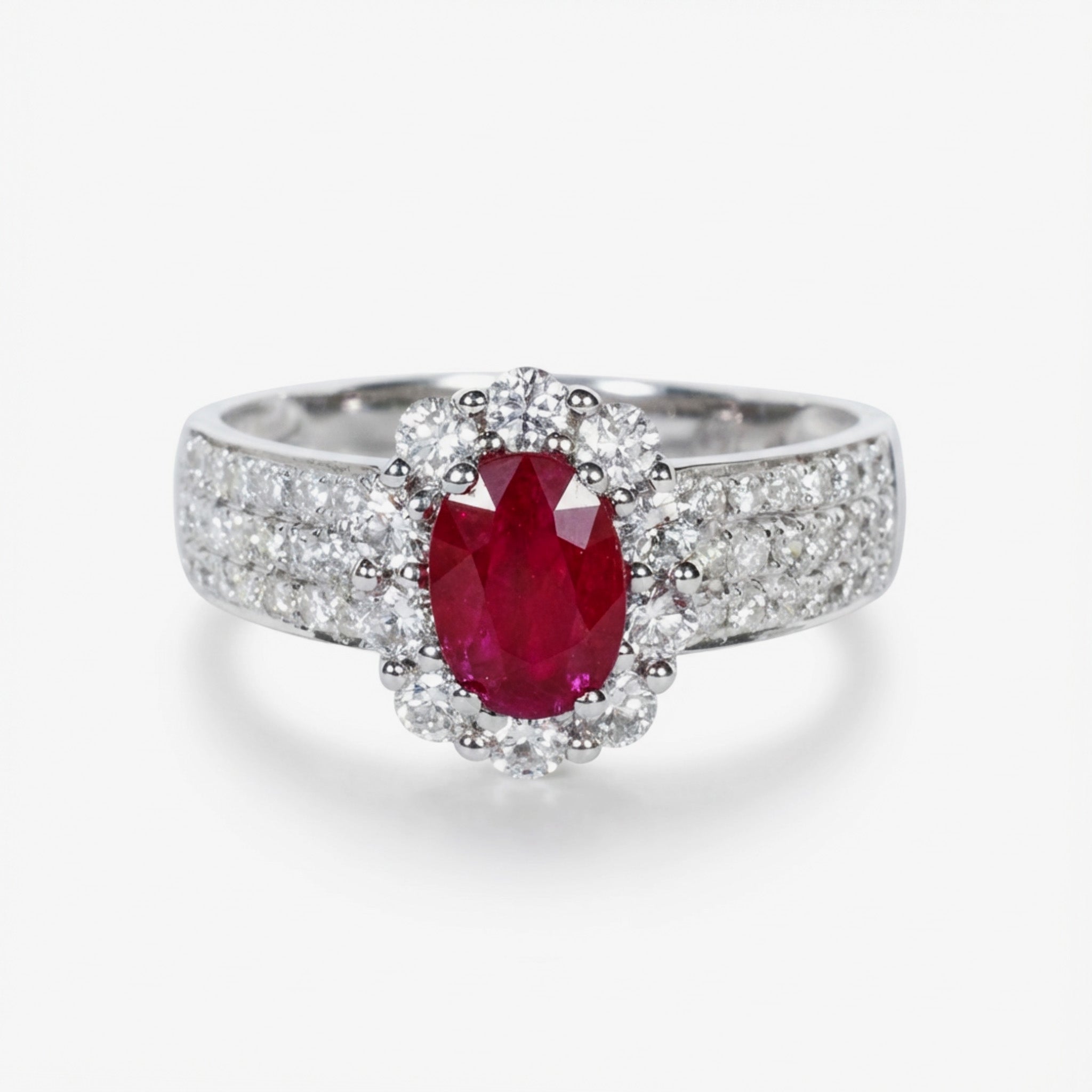 1.00ct Natural Ruby and Multi - Row Diamond Band Ring in 18K White Gold - JewelryAndStore