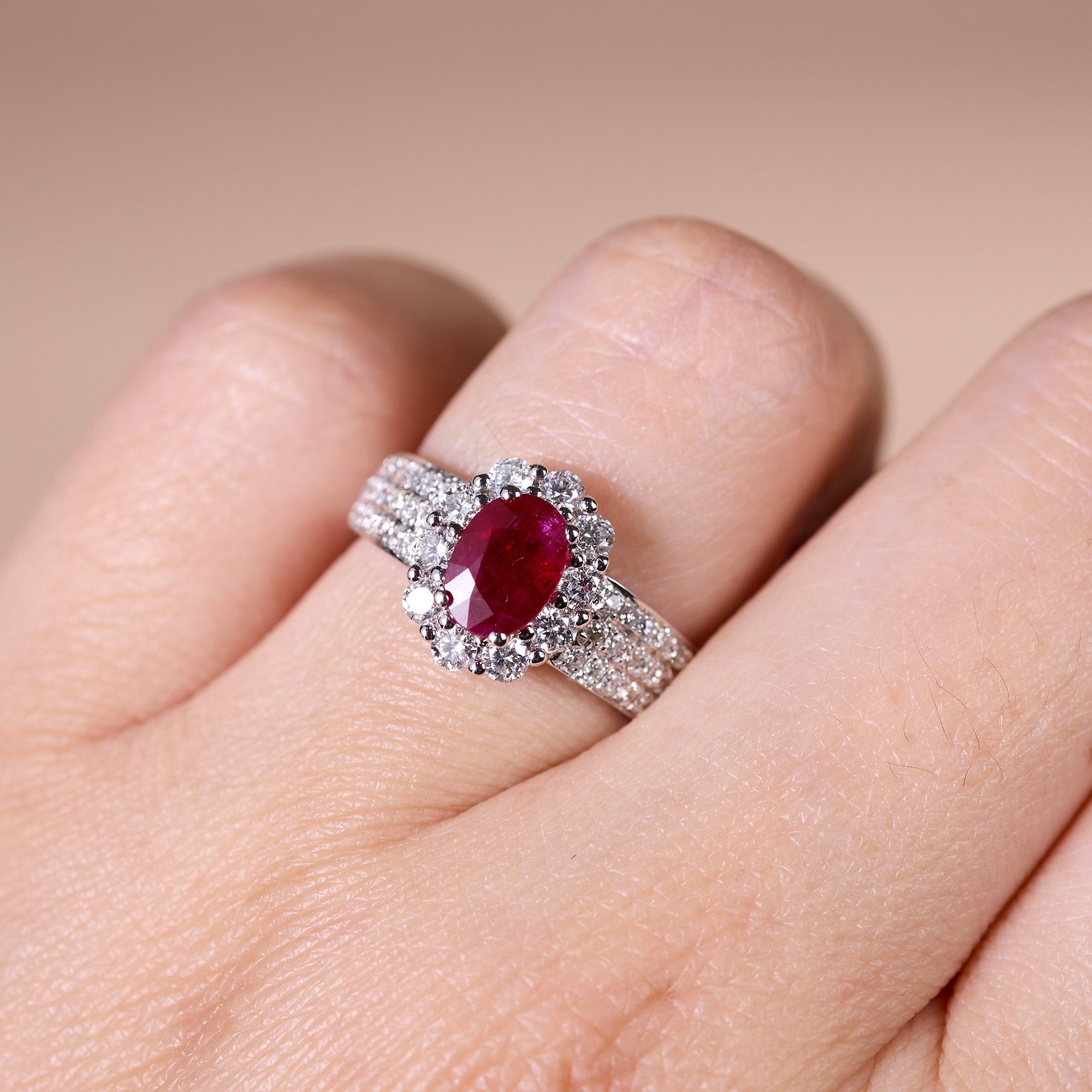 1.00ct Natural Ruby and Multi - Row Diamond Band Ring in 18K White Gold - JewelryAndStore