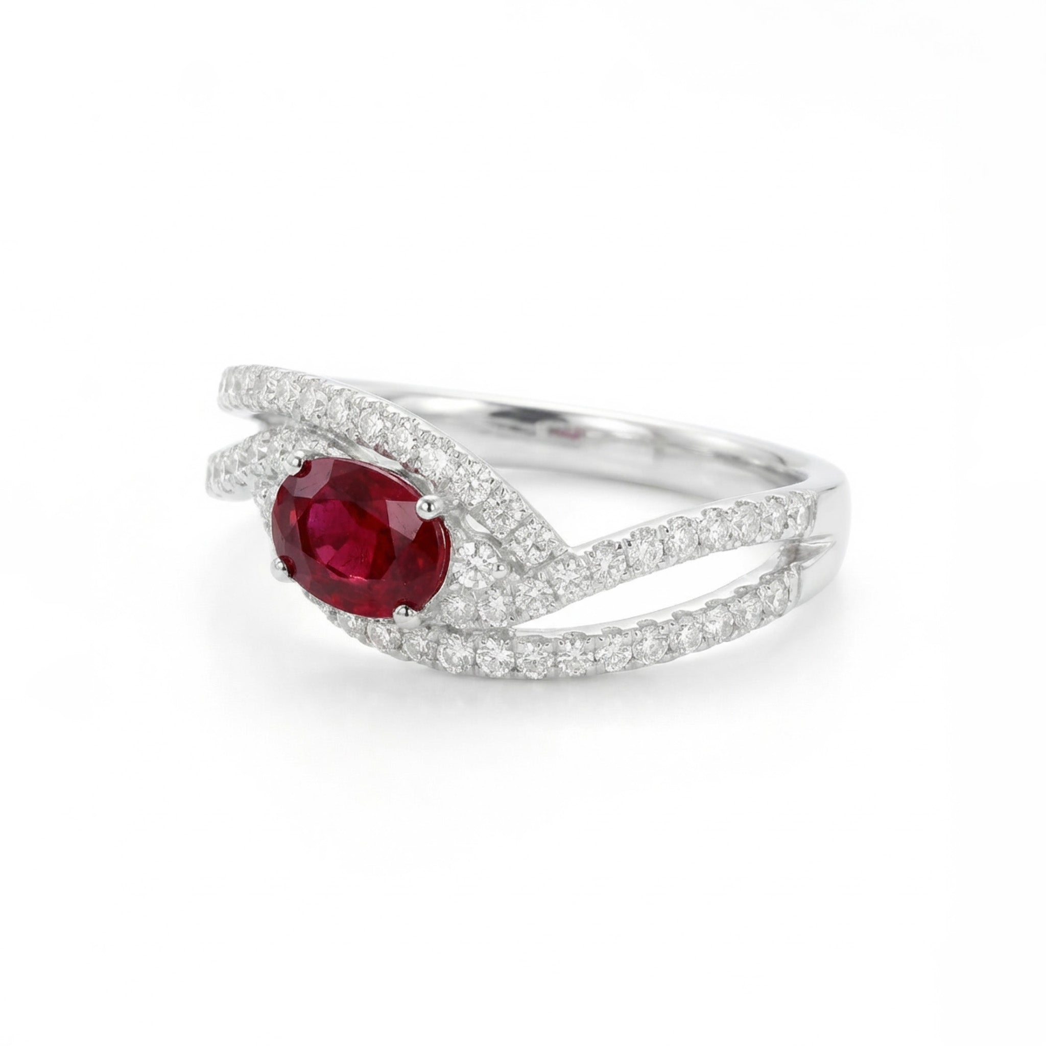 0.55ct Natural Ruby and Diamond Pave Crossover Ring in 18K White Gold - JewelryAndStore